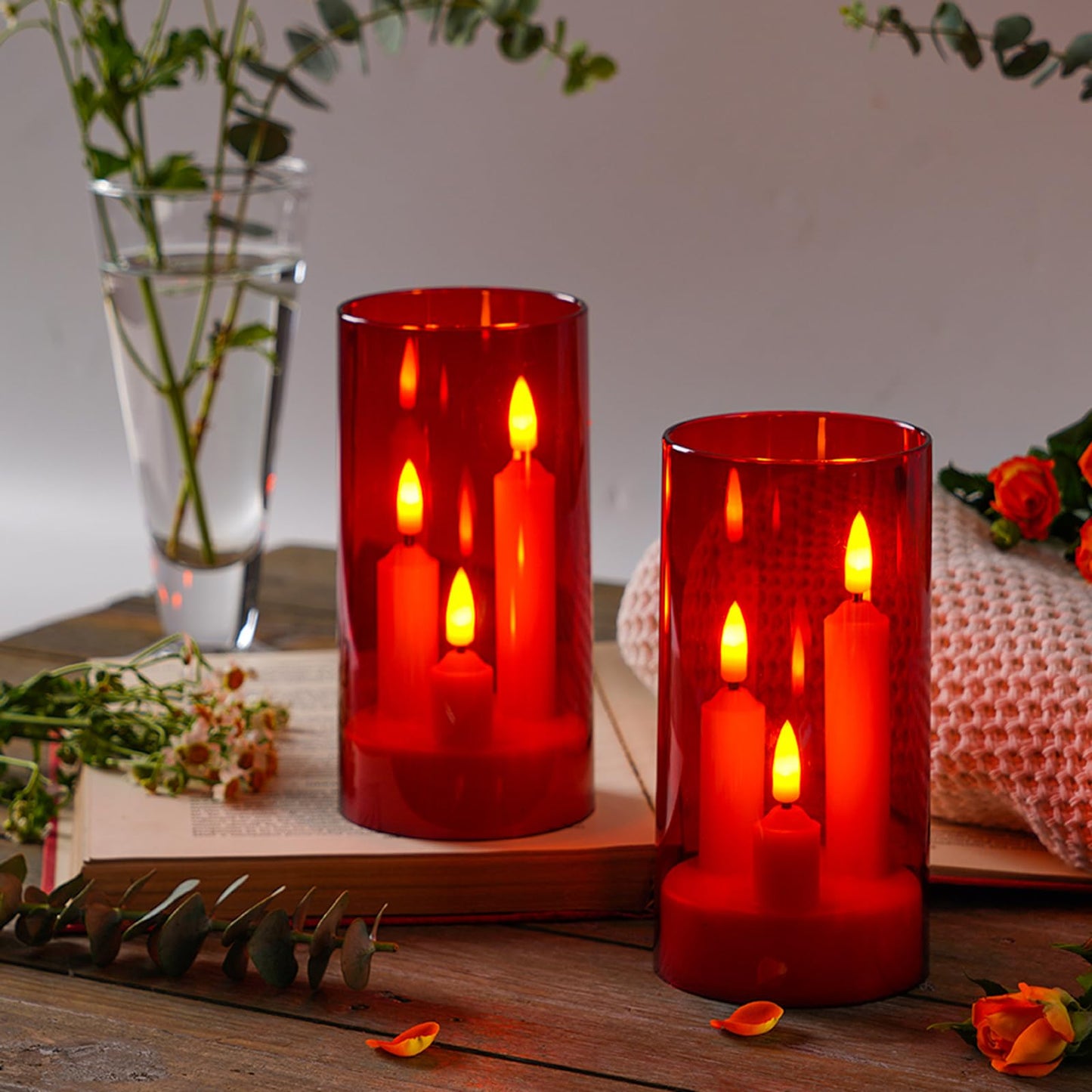 2 Pack 3D Wick Flameless Taper Candles, Red Transparent Acrylic Cover LED Flickering Candle Lights, Remote Control Battery Operated Electric Candles for Valentine Wedding Christmas Home Table Decor.