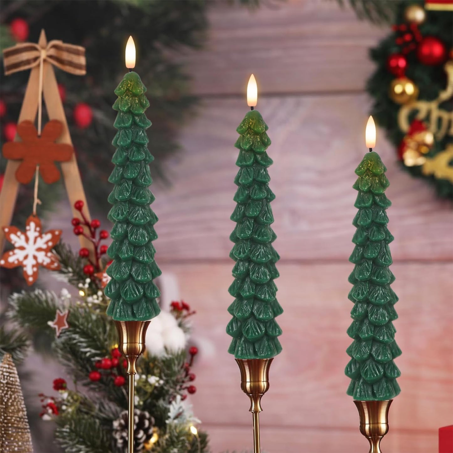 DRomance Christmas Tree Flameless Taper Candles Battery Operated with 10-Key Remote and Timer Real Wax LED Taper Candles 3D Wick Flickering Lifelike Leaves Dinner Xmas Holiday Decoration Set of 4