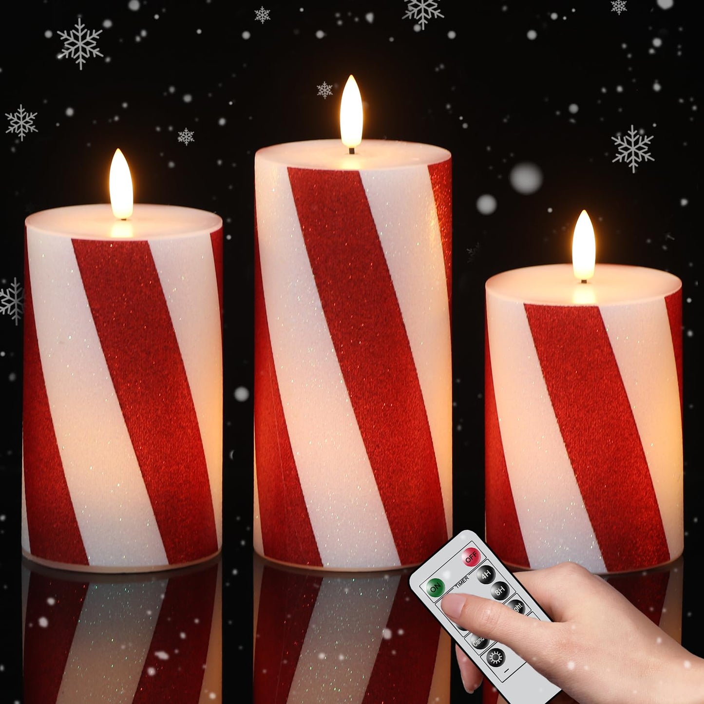 Eldnacele Christmas Candy Cane Stripe Flameless Candles with Remote and Timer, Battery Operated 3D Wick Flickering Real Wax Stripe Glitter Pillar LED Candles Holiday Xmas Decor (3Pcs, D3×H4/5"/6")