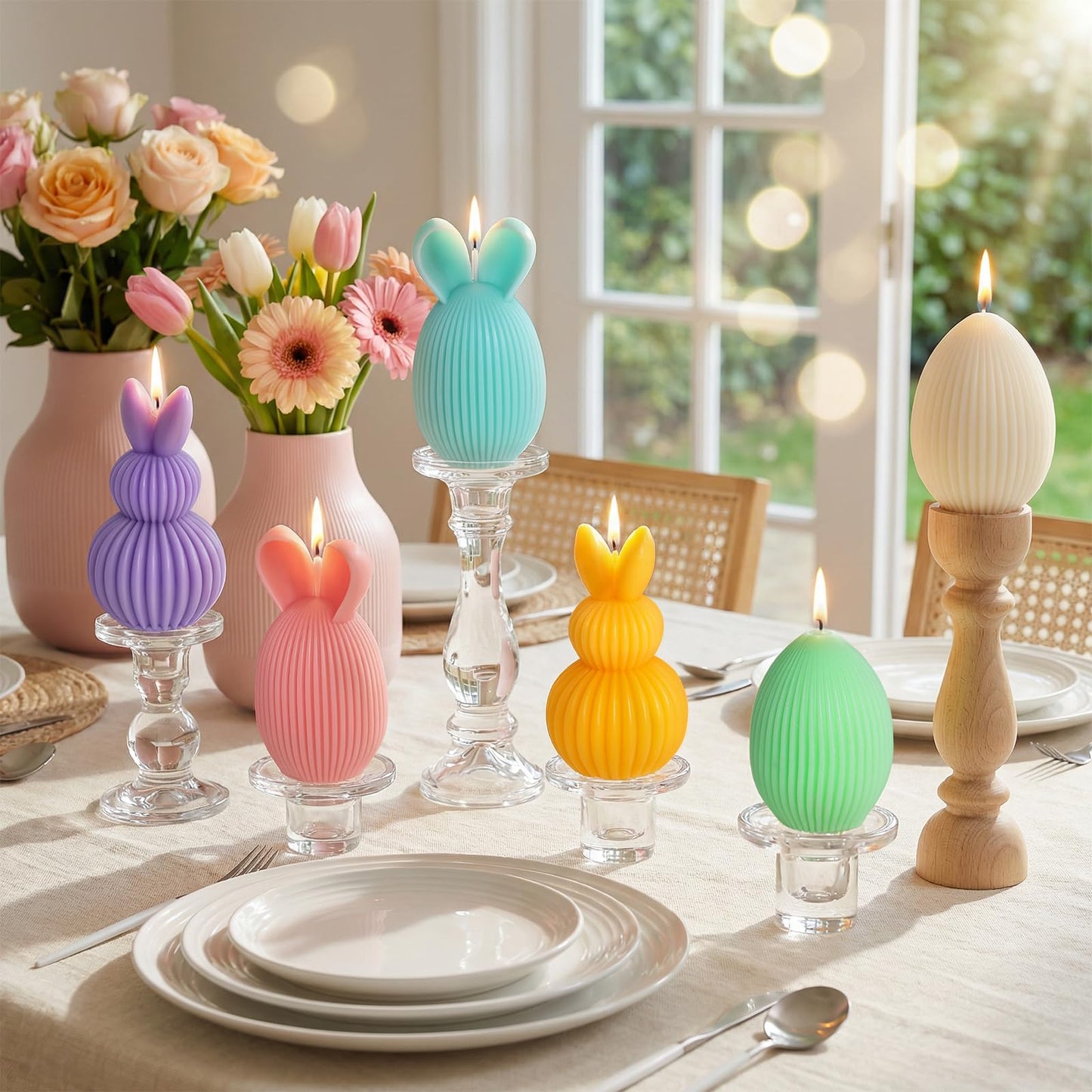 Lanpn 6 Pcs Easter Bunny & Egg Candles Gift Set, Mini Rabbit & Egg Shaped Votive Tea Lights, Easter Flower & Fruit Scented Candles, Spring Party Holiday Decor Home Table Centerpiece, Macaron Color