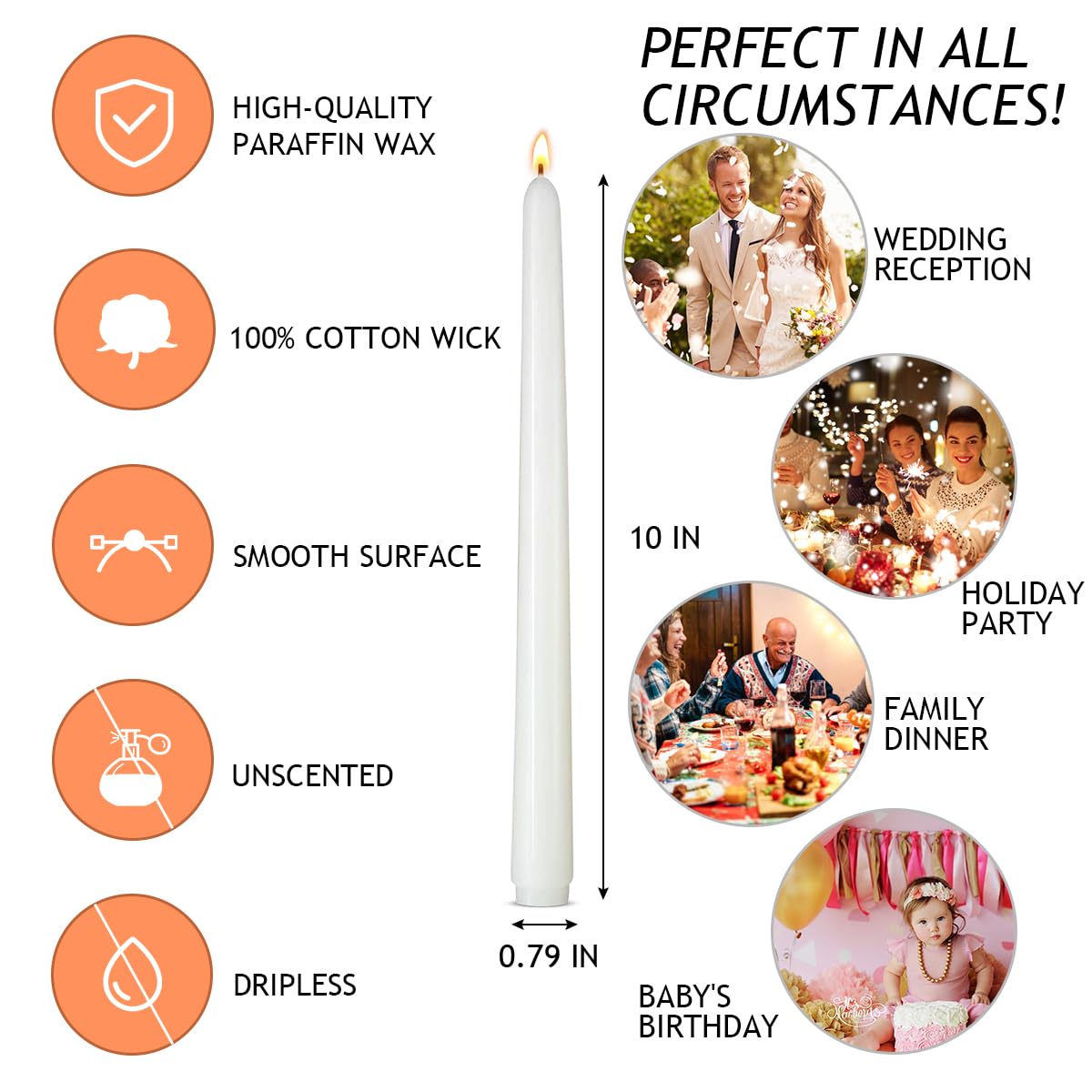 Set of 5 White Taper Candles, Dripless Unscented 10 Inch Tall Skinny Wax Candlesticks for Home Wedding Party Table Decor, 8 Hour Burn Time
