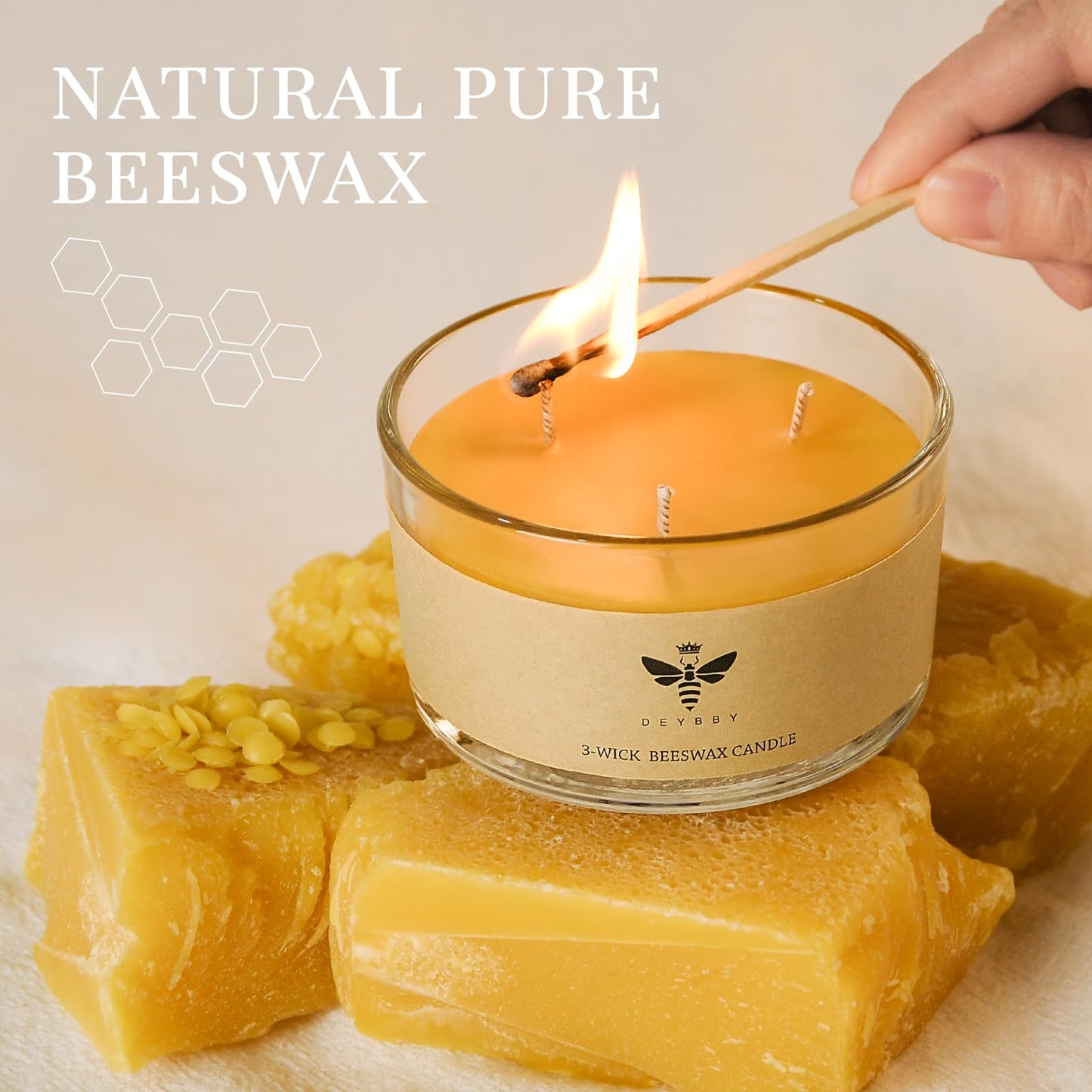 DEYBBY Large Beeswax Jar Candle - 3 Wick Beeswax Candle Gift - Handpour Candle with Natural Honey Scent, 22 Hours Burning