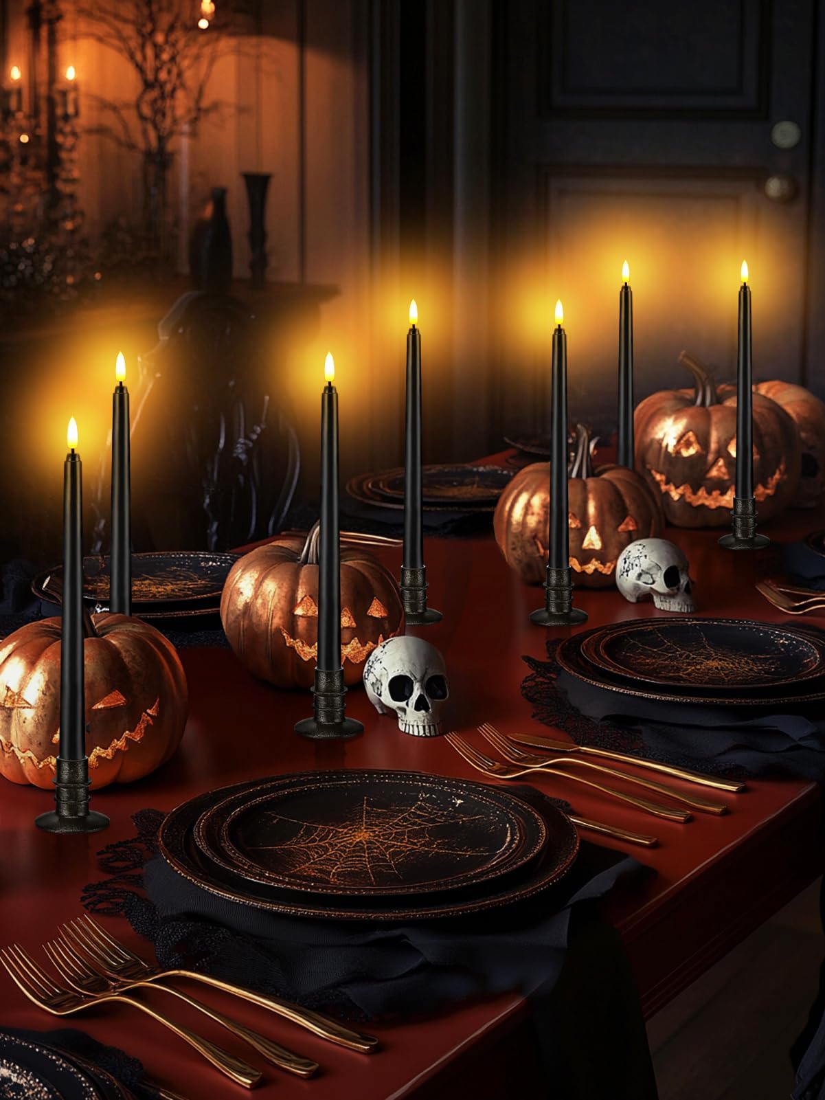 Alphatool Black Halloween Flameless Candles with Timer & Bases - 12 Pack 13 in LED Flickering Taper Candlesticks Battery Operated, Smokeless Dripless for Fireplace Table School Bar Halloween Decor
