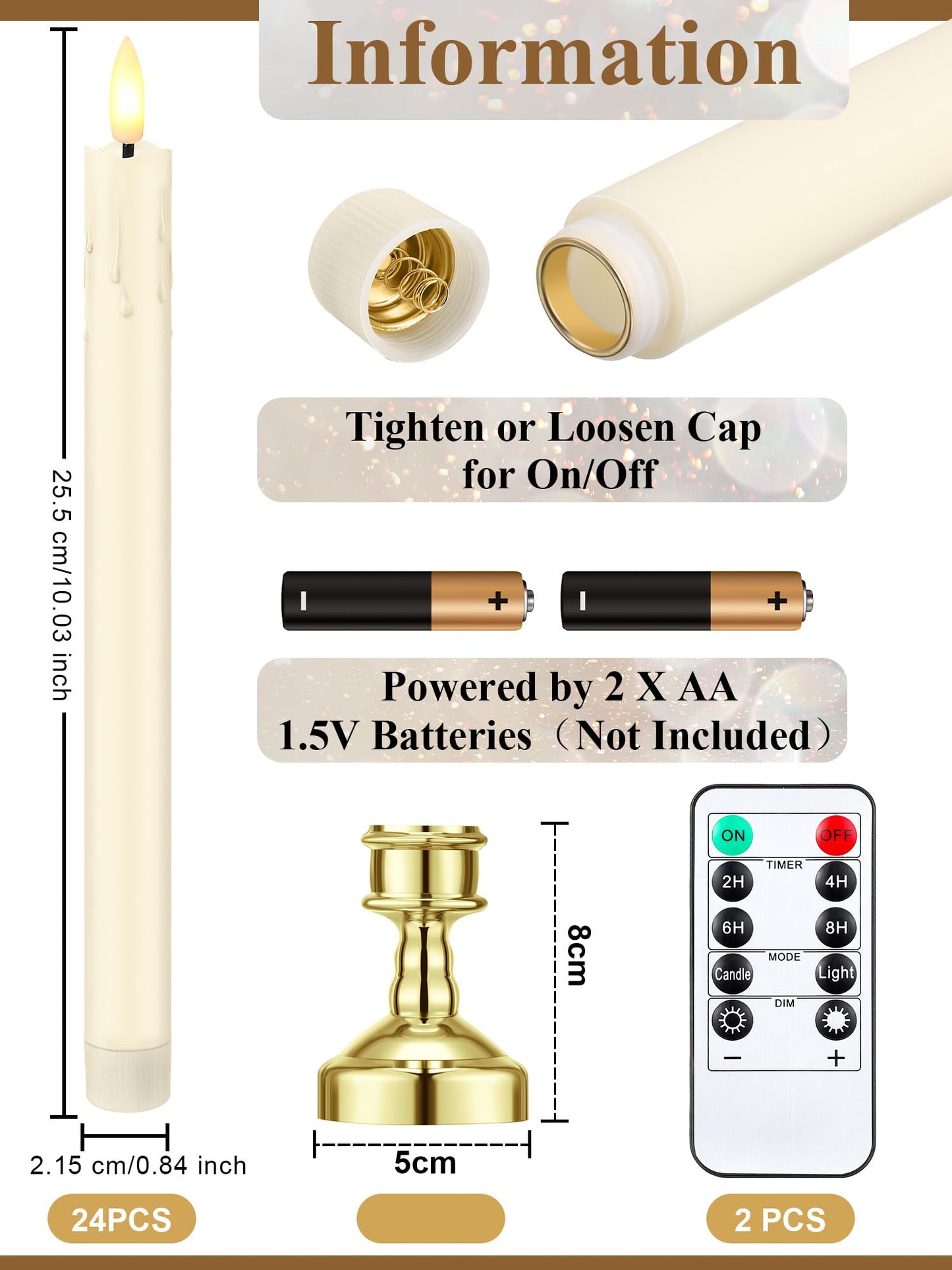 VIHOSE 24 Pcs Flameless Taper Candles with Holders Remote Timer Battery Operated Candles Bulk LED Candlesticks Flickering for Valentines Wedding Home Window Carnival Party Decor(Gold,Dripping Style)