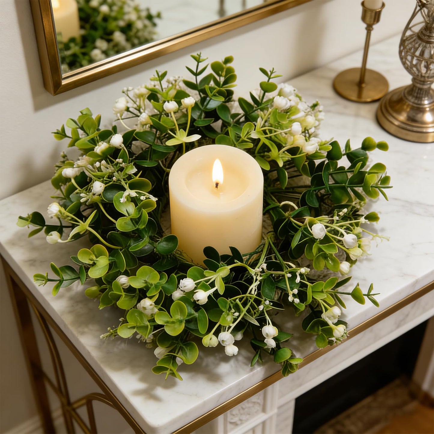 6 Pcs Small Spring Summer Candle Ring Wreaths with Artificial Eucalyptus Greenery White Buds Mini Pillar Candle Holder Wreath for Home Kitchen Cabinets Table Centerpieces Front Door Wedding Decor