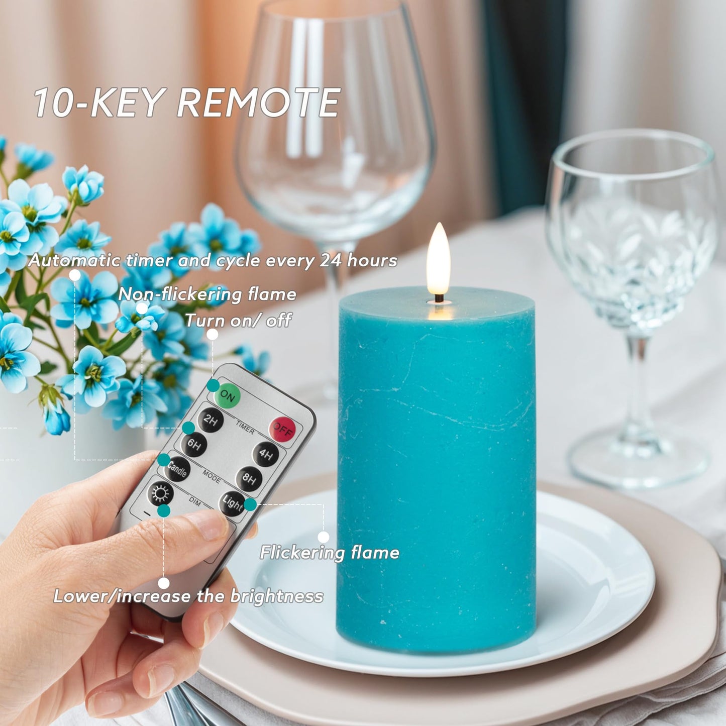 AFINETH Teal Flameless Candles, Real Wax Battery Operated Candles with Remote, Flat Top Flickering LED Pillar Candles for Home Party Wedding Holiday Decor, Set of 3 (H 4" 5" 6" x D3)
