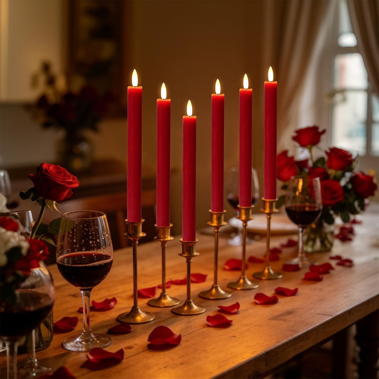 Wondise Flameless Taper Candles with Timer, 6 Pack Battery Operated LED Flickering Real Wax Red Candle for Christmas Wedding Dinner Decorations