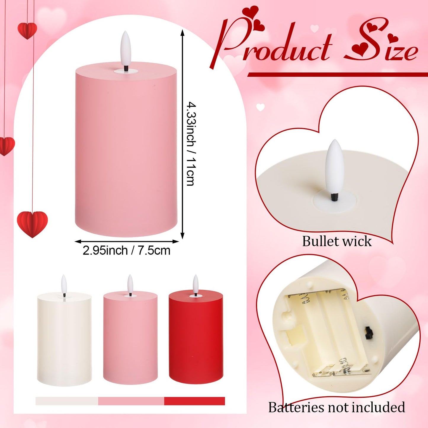 Tuanse 6 Pcs LED Flameless Candles 4.3" Battery Operated LED Lights Electric Decorative Pillar Candle for Wedding Party Decorations Room Dinner Decor Gifts(Red, Pink, White)