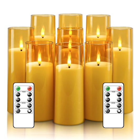 kakoya Flickering Flameless Candles Battery Operated with Remote and 2/4/6/8 H Timer Acrylic Led Pillar Candles Pack of 9 (appr D2.3"xH5.5"6.5"7.5")with Realistic 3D Wick Candles for Home Decor(Gold)