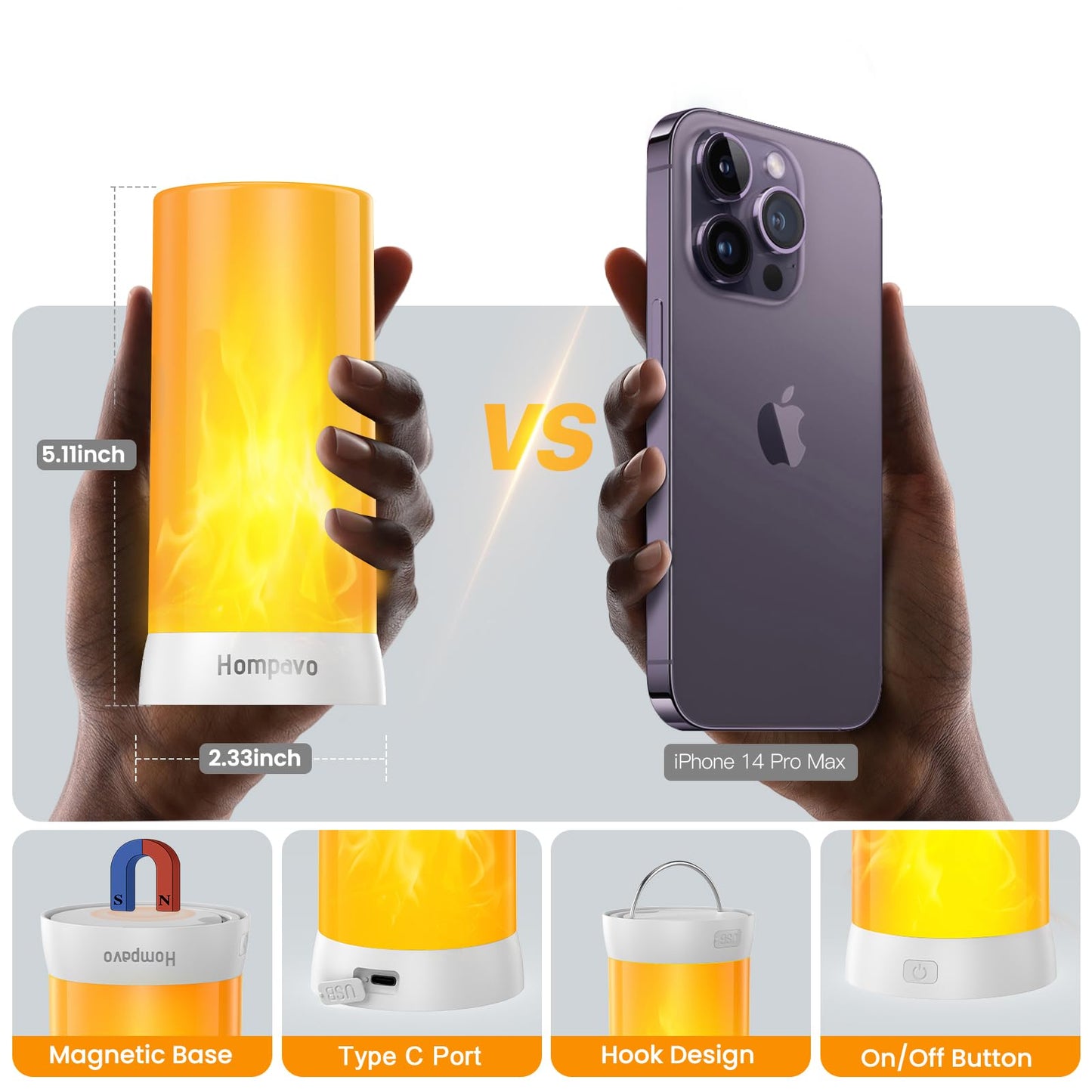 Hompavo 【Upgraded】 LED Flame Lights, 4-Mode Rechargeable Battery Operated Flameless Candles, Waterproof Pillar Flickering Lanterns for Living Room Bathroom Patio Wedding Party Christmas Home Decor