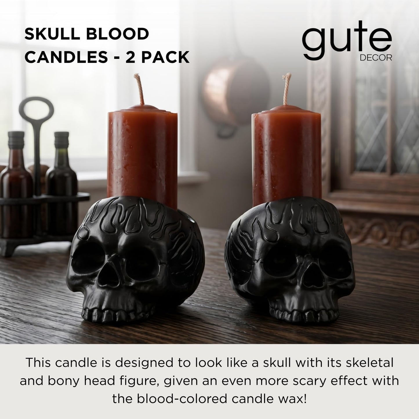 Skull Blood Candles 2 Pack - Bleeding Dripping Red Wax, Skeleton Reversing Skul Candle, Magic Skulls Candlestick Spooky Gothic Bar Decoration - 3.54 x 2.56 x 2.36-8 Hour Burn Time - Gute