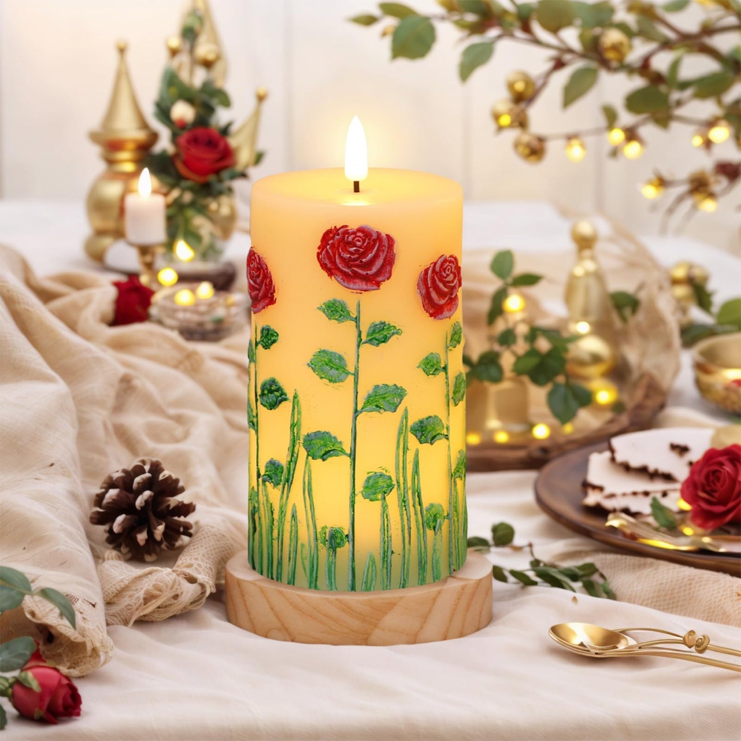 DRomance Roses Flower Flameless Candles Battery Operated with 6 Hour Timer 3D Wick Flickering LED Pillar Candles Real Wax Hand-Painted Dinner Christmas Holiday Decor(2 Pack, 3" D x 6.5" H)