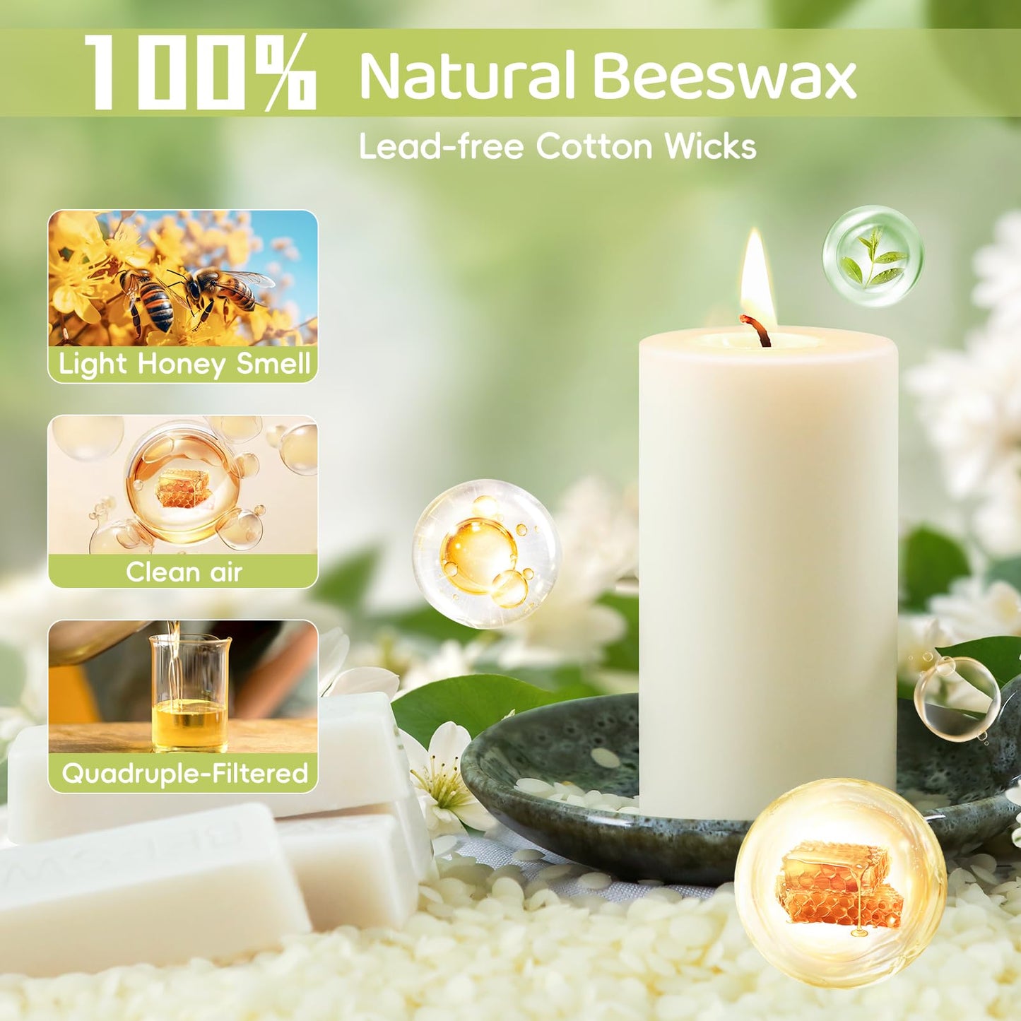 8 Pack Natural Beeswax Pillar Candles,100% Pure Beeswax Candles-344 Hours Long Burning,Off-White Unscented Bees Wax Candles for Home,Prayer,Dripless Smokeless Organic Pillar Candles Bulk-2x4in