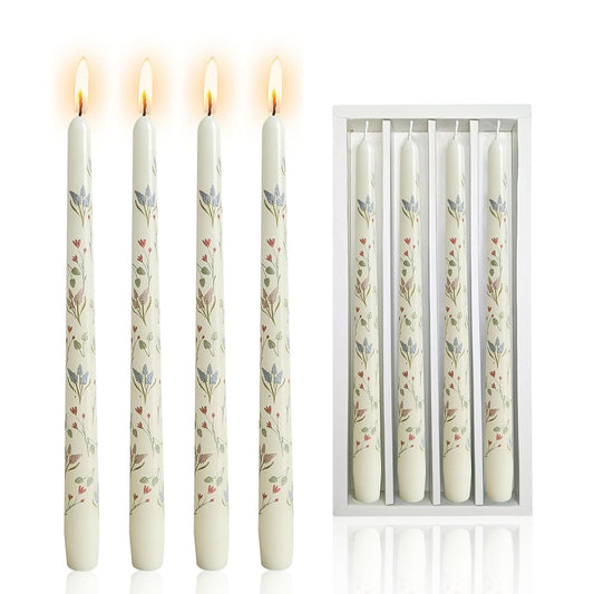 NJAO HOO Flower Candlesticks 10 in Straight Taper Candles Hand Printing Colored White Candlesticks Floral Tall Tapered Candle for Spring Home Garden Decor Simple Modern, 4Pcs