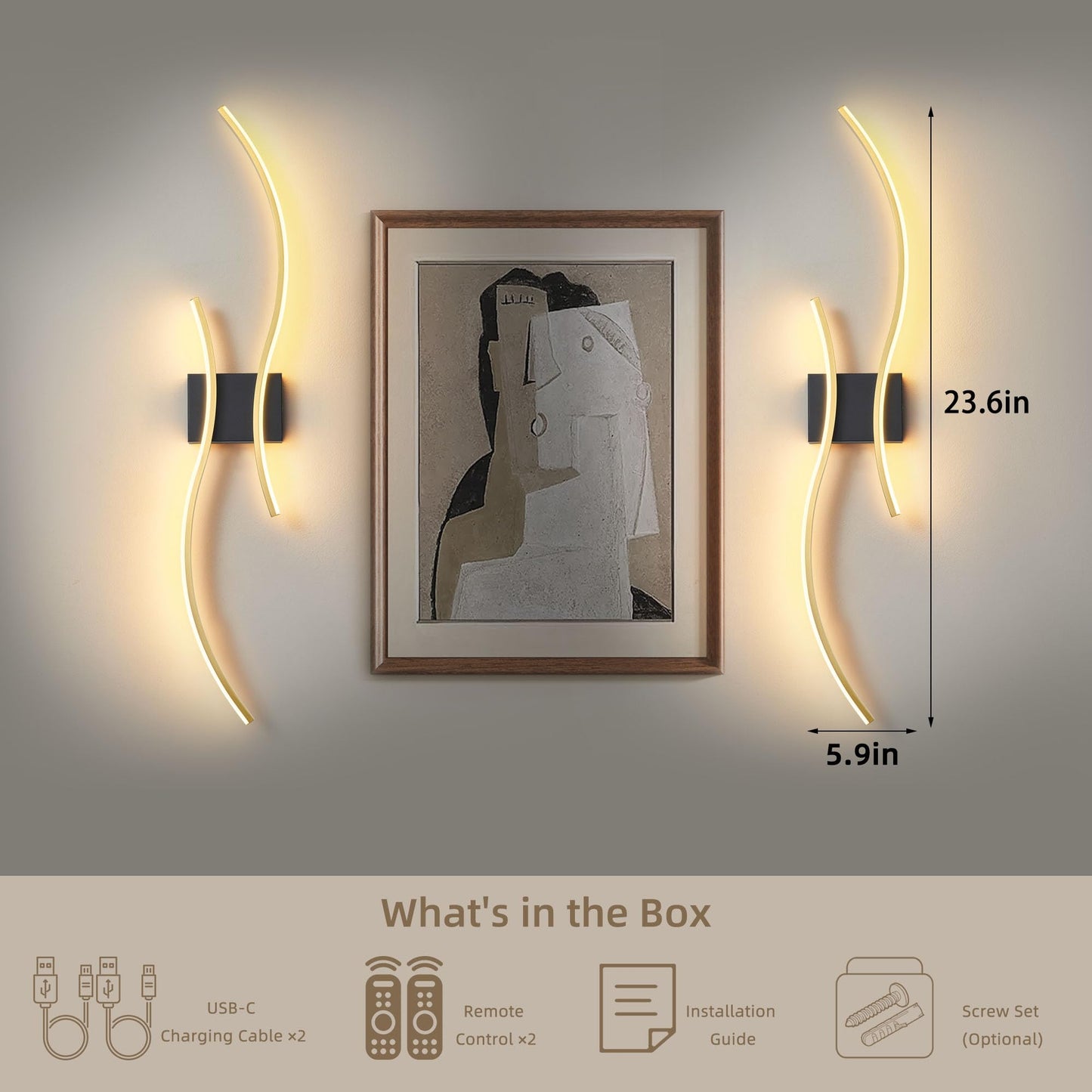 GLOTHOR Battery Operated Wall Sconce Set of 2, Dimmable Modern LED Rechargeable Wall Light with Remote Control, Wall Decor for Living Room, Hallway, Quick Install, No Electrician Required