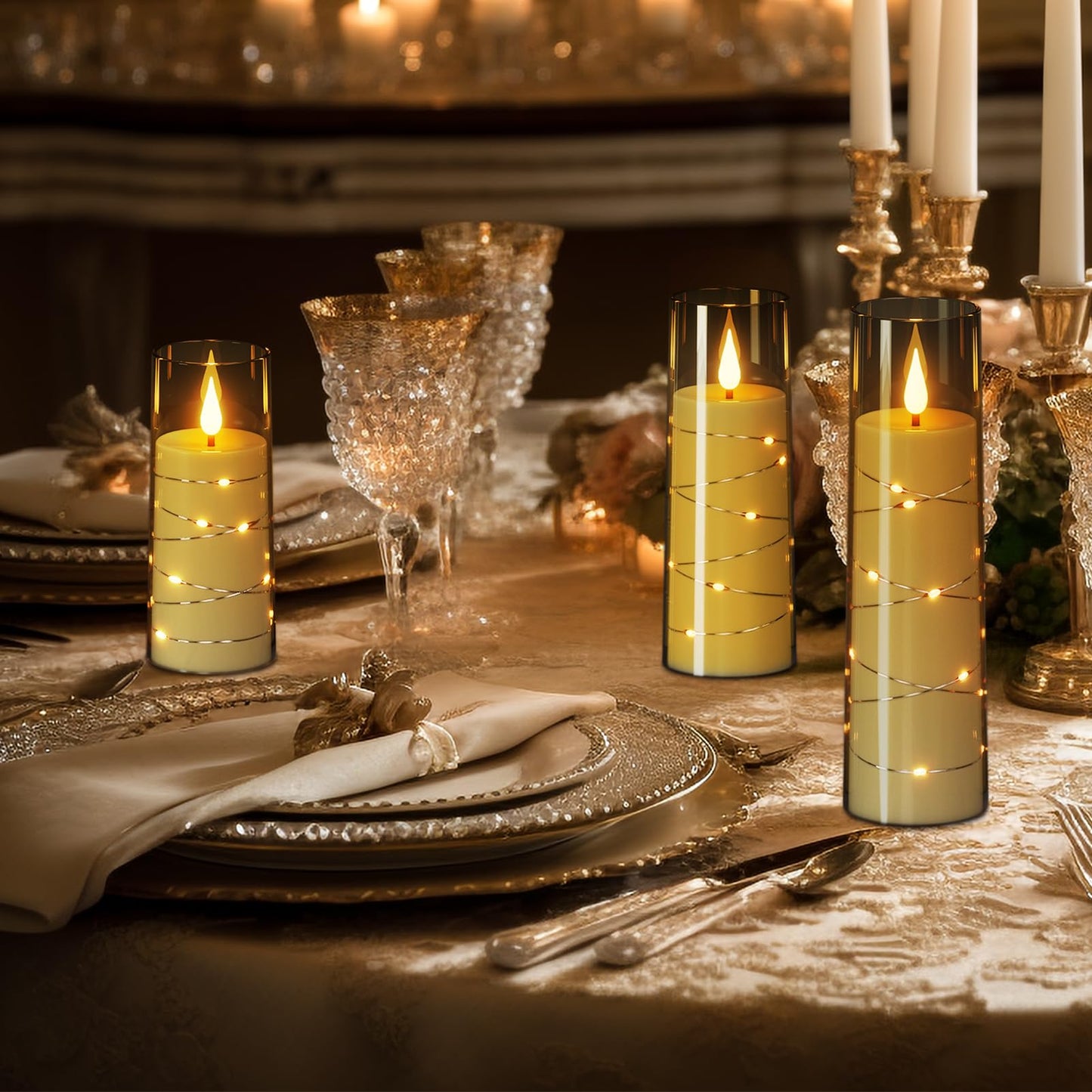 Wondise Flameless Flickering Candles with Embedded Star String Remote and Timer Battery Operated Flickering LED Candles Durable Acrylic Shell Pillar Candles for Christamas Home Decoration (Grey