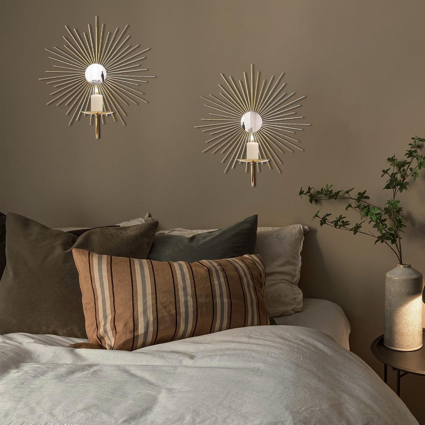 Sxnzequnze 2 Set Candle Sconces Wall Decor for Living Room Metal Sunburst Mirrored Modern Gold Wall-Mounted Candle Holder Sconces Hanging Mounted Fireplace Farmhouse Wedding