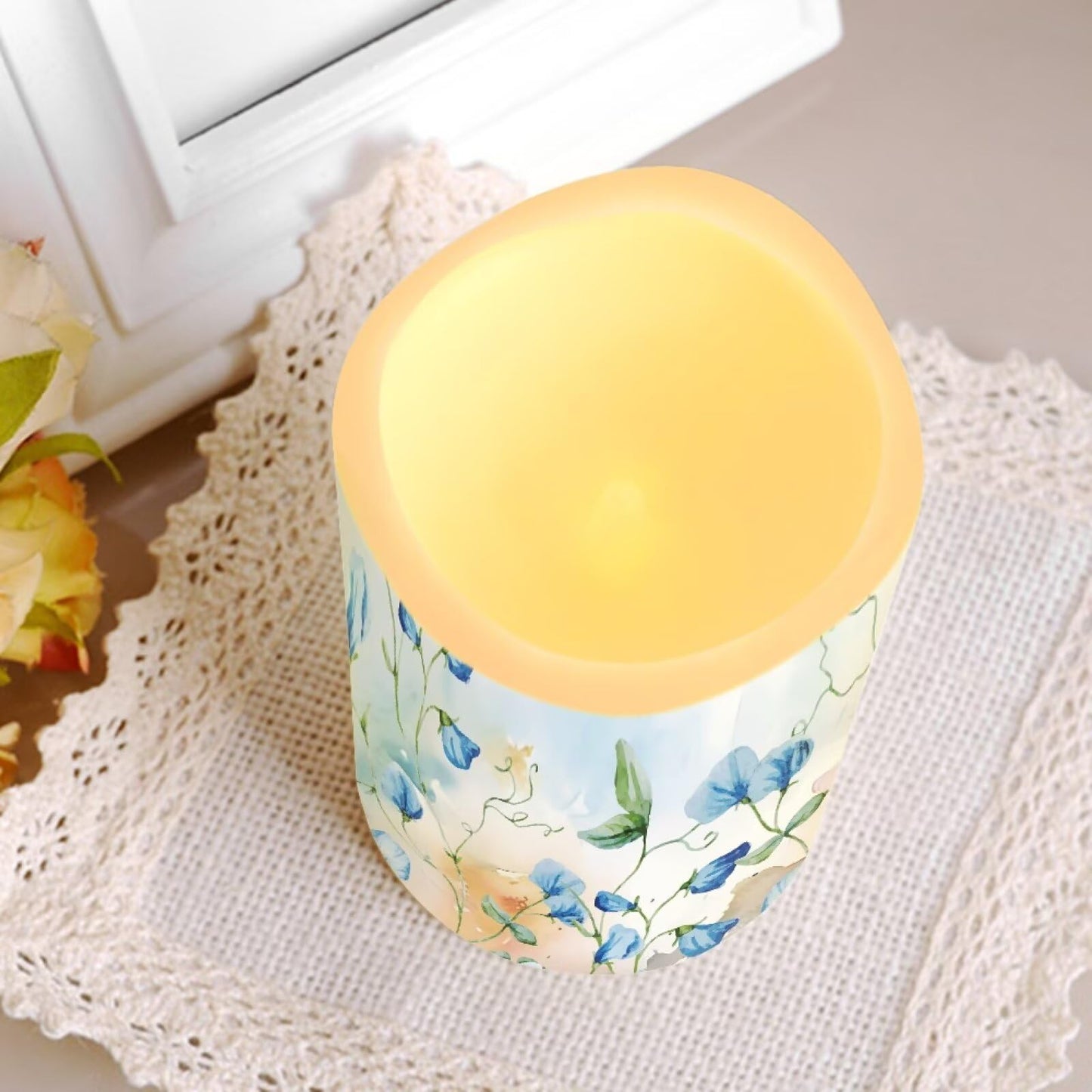 Ystardream Blue Flower Led Flameless Candles Valentine's Day Decorations Electric Christmas Candles for Windows,Unscented,Safe for Families with Pet(s) or Young Child(ren)