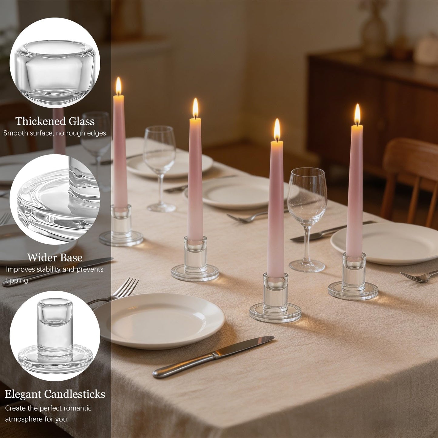 6 PCS Glass Taper Candle Holders Clear Short Tapered Candlestick Holders Set Small Glass Candle Stick Holder Decor for Table Centerpiece Wedding Dining Room Party Christmas Home Decorations