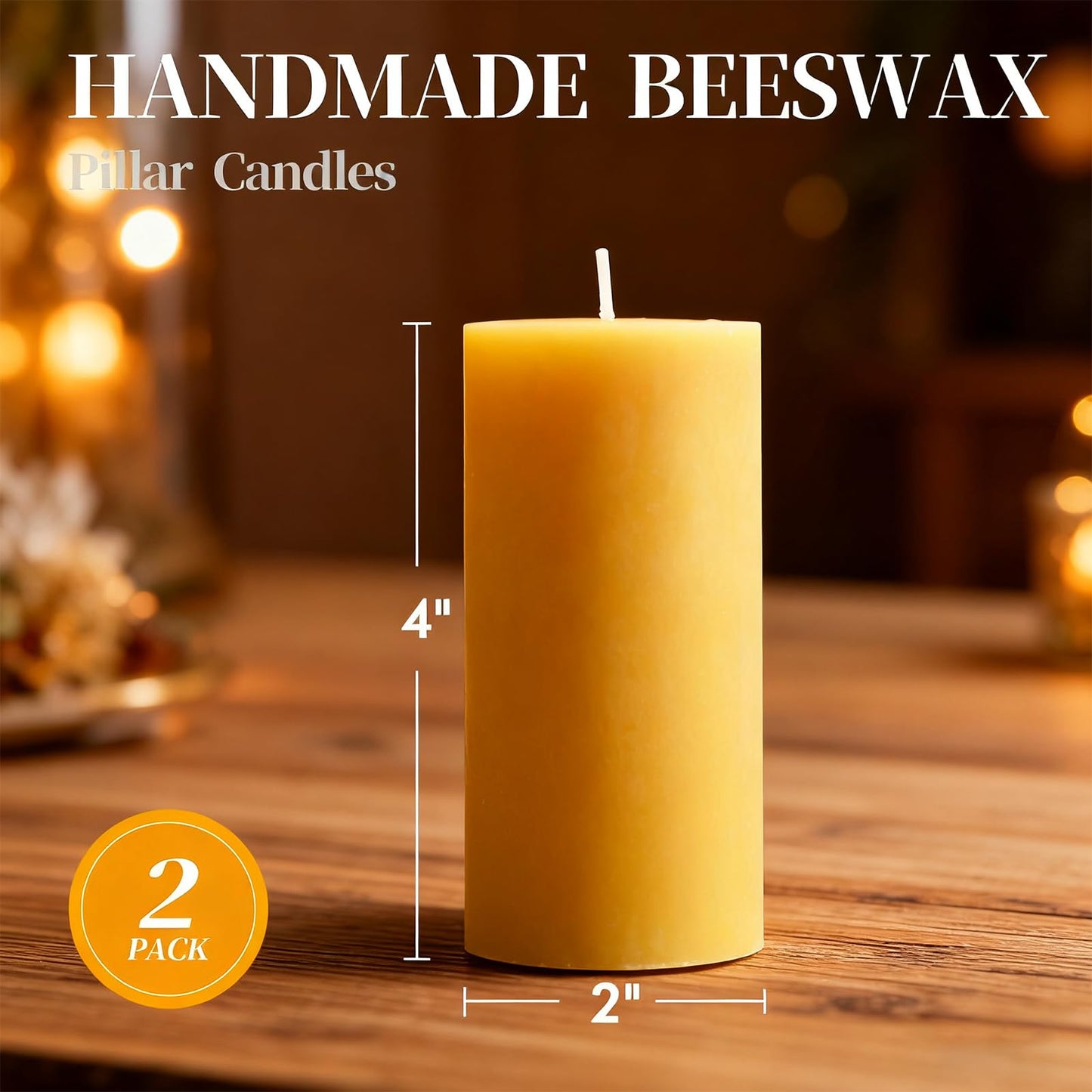 Beeswax Pillar Candles Set of 2, 70 Hours Long Burning, 100% Natural Beeswax Candles for Emergency, Pure Bees Wax for Home, Smokeless & Dripless