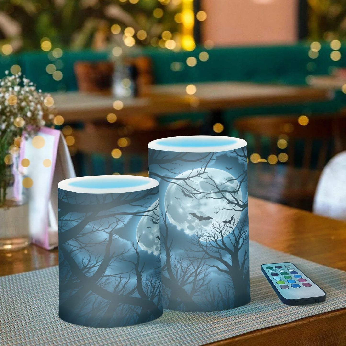 ALAZA Halloween Scary Night Bat Flickering Flameless Candles Battery Operated with Remote Timer,Tea Light Candles LED Pillar Votive Candles Set of 2 for Outdoor Indoor Decorations