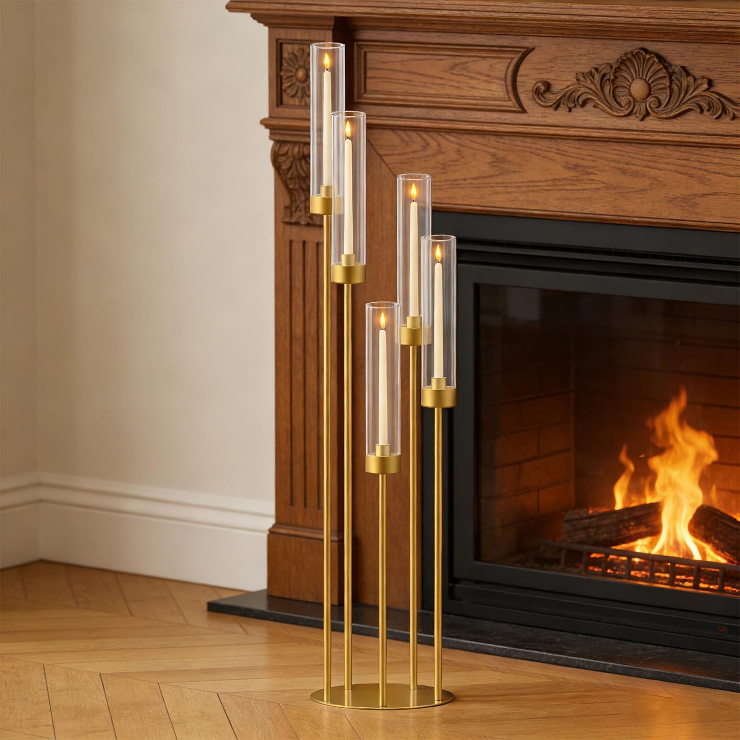 42.5in Gold Candle Holders for Table Centerpiece Candelabra Candlestick Holders Decor Wedding Centerpiece Table Decorations 5 arm Candle Holder Set of 10 Acrylic lampshade Fit 0.9" LED Candle