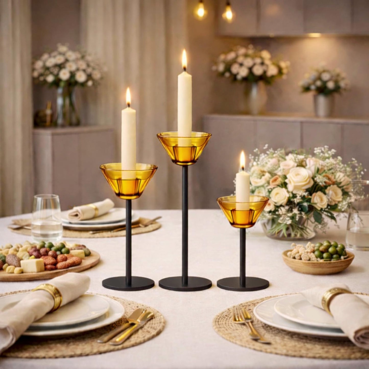 Smytle Amber‑Gold Glass Candlestick Holders with Weighted Black Metal Base, Set of 3 Amber Candle Holders for Both Taper and Tea Light Candles, Boho & Autumn Table Decor, Wedding Centerpiece