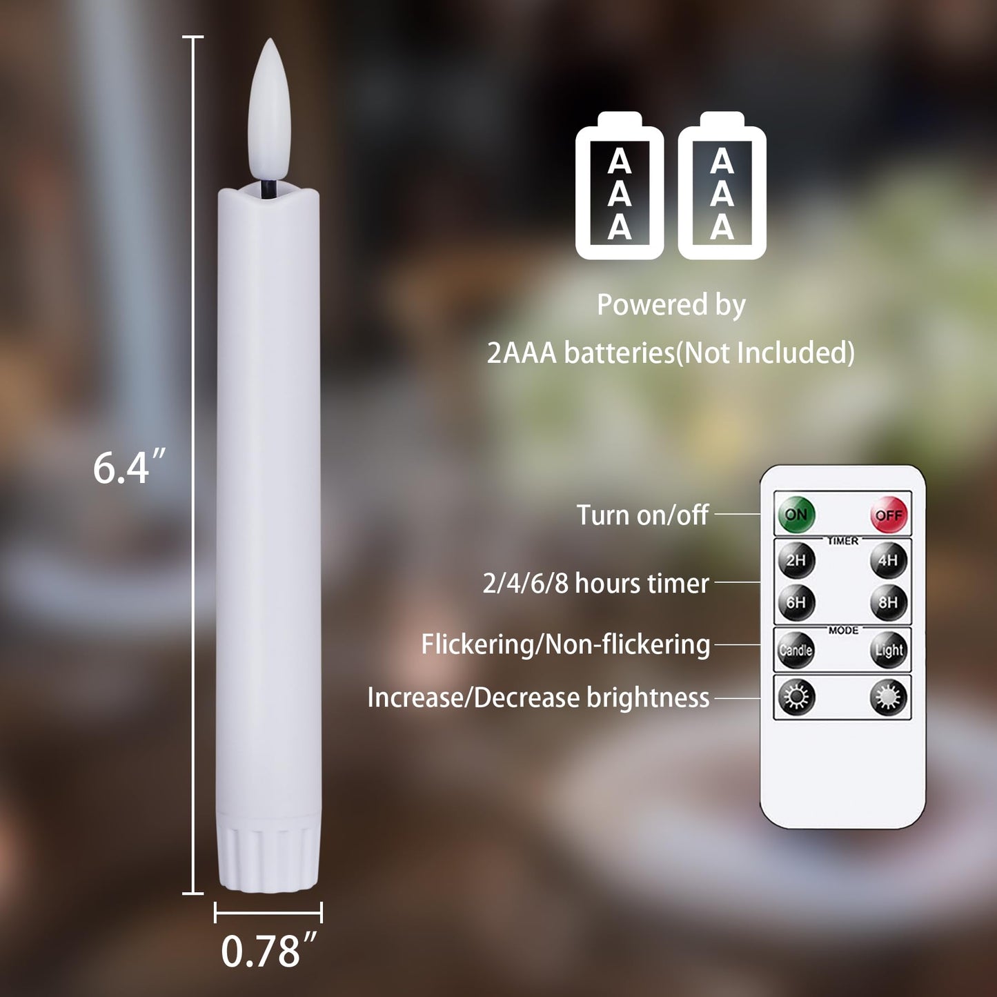 Mavandes 6.4 Inches Plastic LED Taper Candles with Remote and Timer,White Flameless Battery Operated Flickering Candlesticks,Pack of 6 Flameless 0.78” Diameter 3D-Wick Tall Window Candles,Long-Lasting