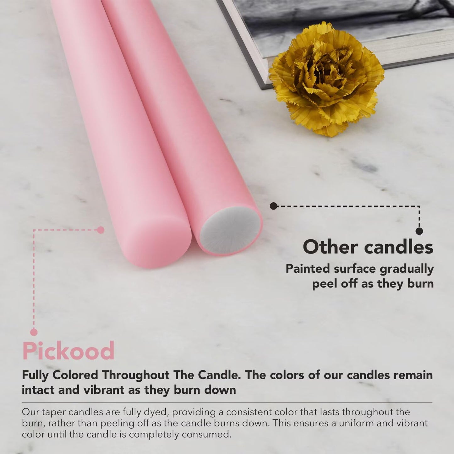 Pickood 12-Inch Tall Dripless Taper Candles Set of 4 - Pink Tapered Candles, Perfect for Spring - Smokeless, Unscented, Long Burning - Hand Poured, Colored Tall Candlesticks - Light Pink