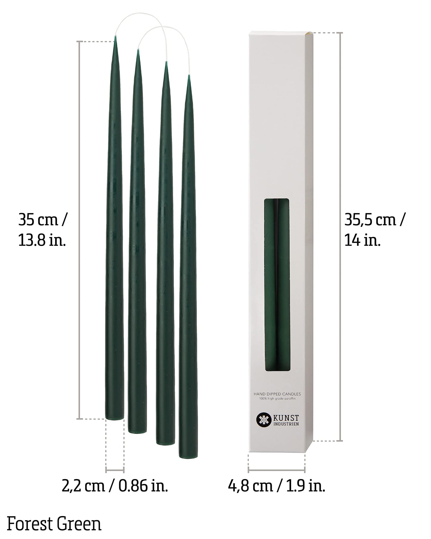 Kunstindustrien® Taper Candles – Set of 4, 13.8" – Made in Denmark, Long Burning Candles 15h, Unscented & Smokeless Candlesticks – Elegant Tall Candles for Weddings Dinners & Home Decor (Forest Green)