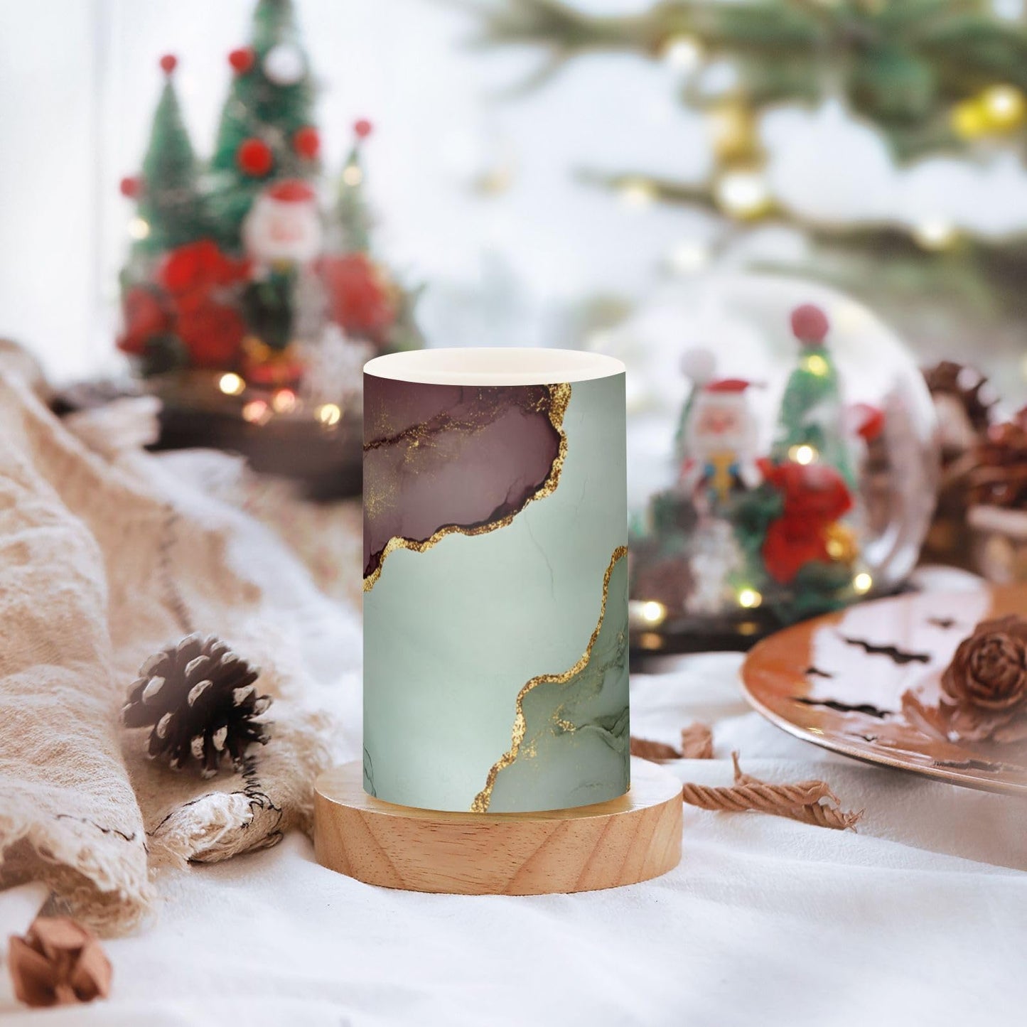 famyily Marble Sage Green Burgundy Flameless Candles Led Candles with Color Changing for Dining Room Table 4" 5" Set of 2