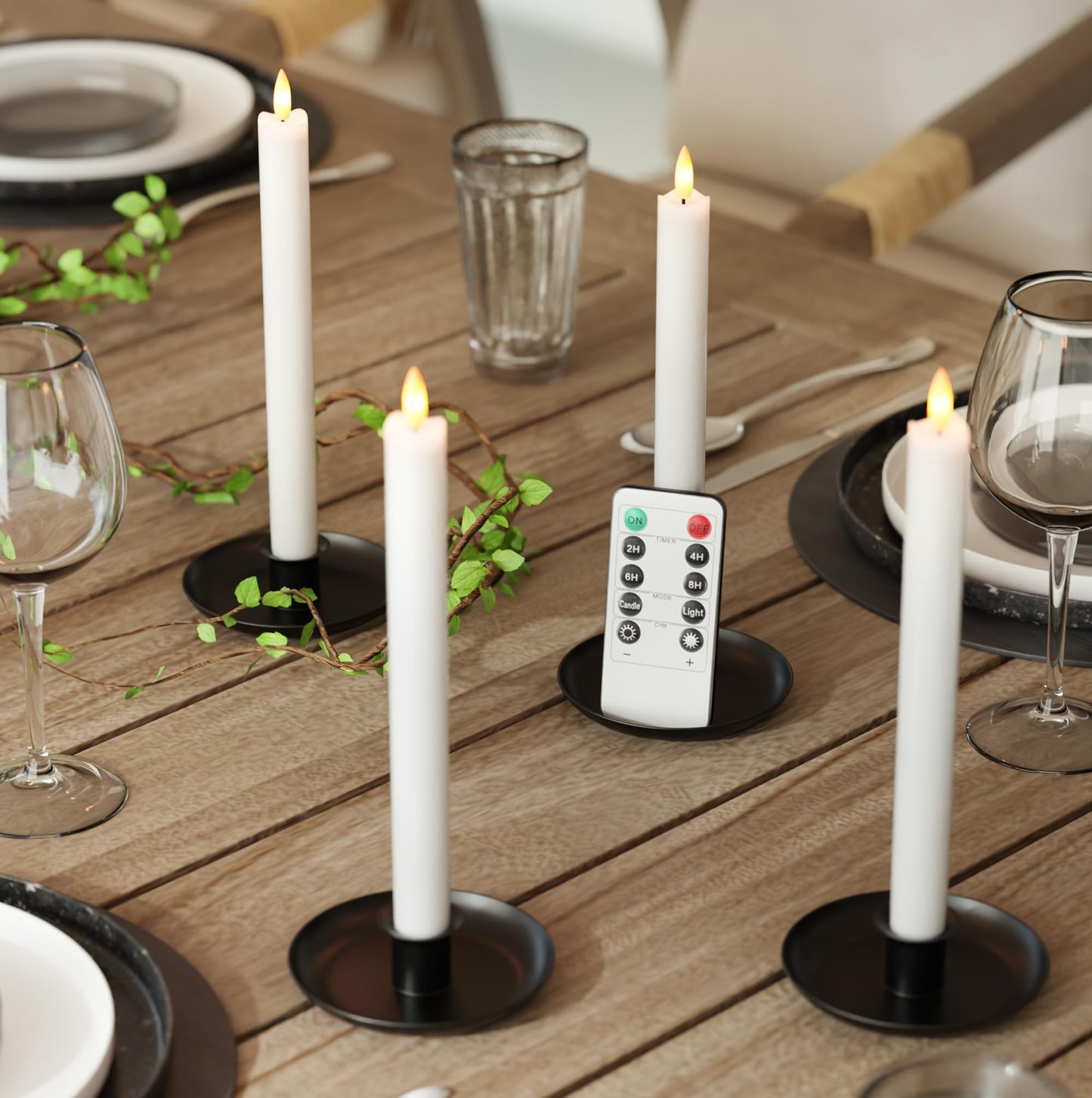 Rechargeable Flameless Taper Candles, Real Wax 9.6 Inch LED Candlesticks with Remote, flickering White Battery Operated Candles with Charging Station for Home, Holidays, Weddings, Party Decor, 4 Pack