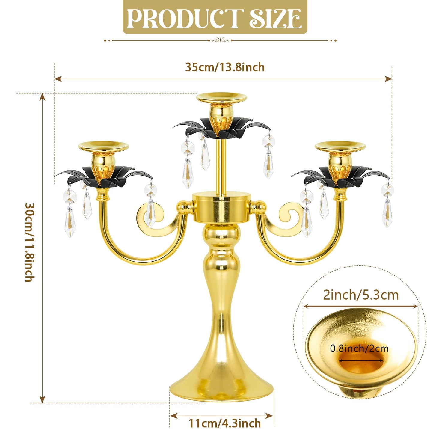 2 Pcs 3 Arm Black and Gold Metal Candelabra with Crystal Pendants - 11.8 Inch Tall Candle Holders, Elegant Taper Candlestick Stand for Wedding, Dining Table, Christmas Party Home Decoration