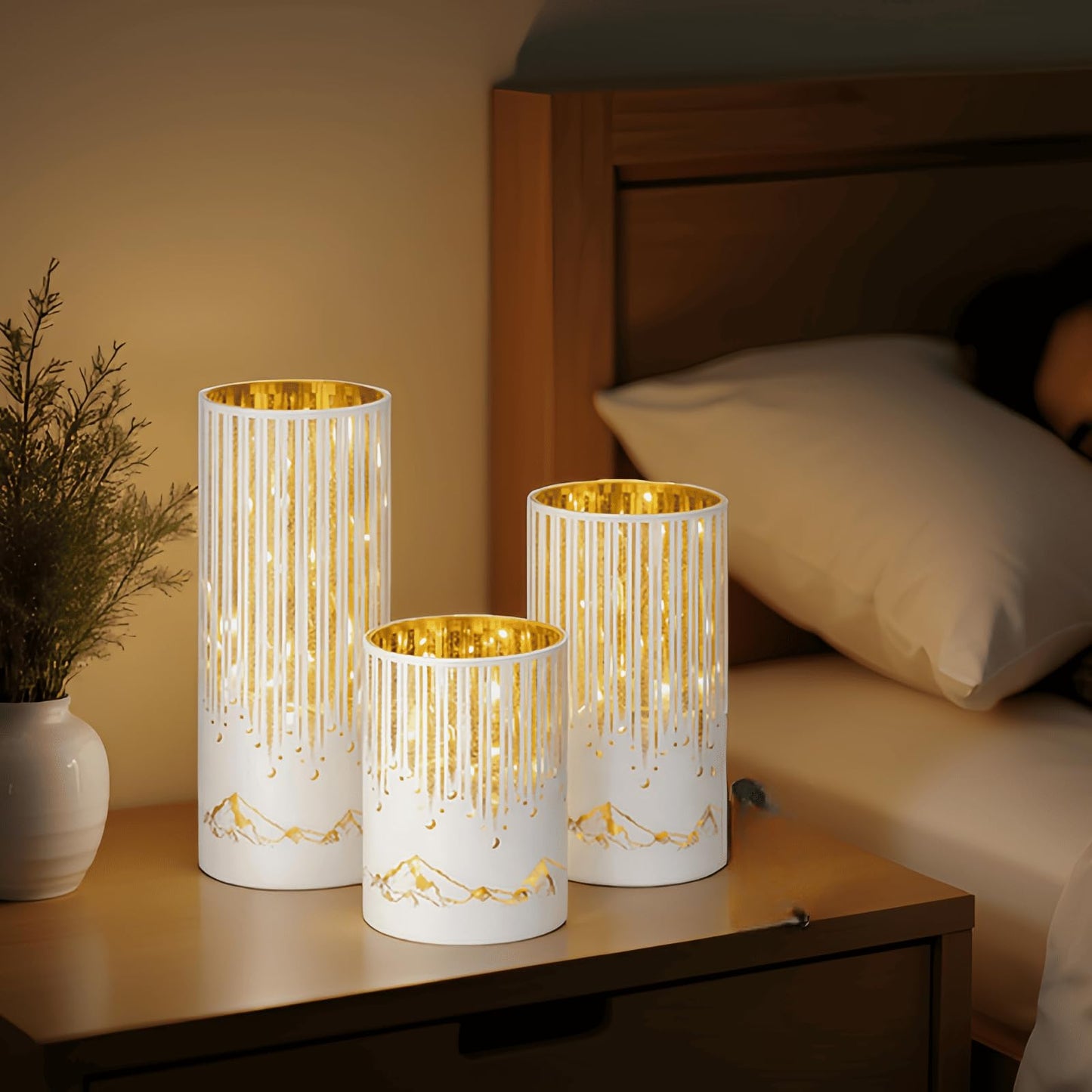 Ashroder Starry Night Hurricane Candleholders with Warm LED Lights & Remote Timer, Elegant Twinkling Decorative Centerpieces for Wedding, Dining Table, Living Room, Mantel Décor, Set of 3 (White)