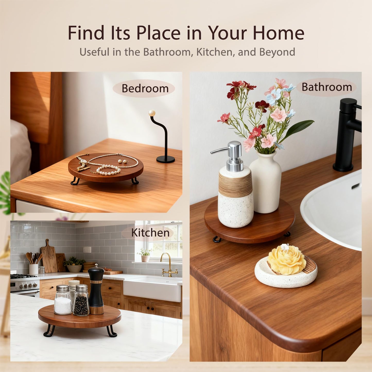 Banrinly 8 Inch Round Wood Riser with Metal Legs - Decorative Pedestal Tray Stand for Countertop Organizer - Farmhouse Boho Style Display Stand for Kitchen, Bathroom, Coffee Bar