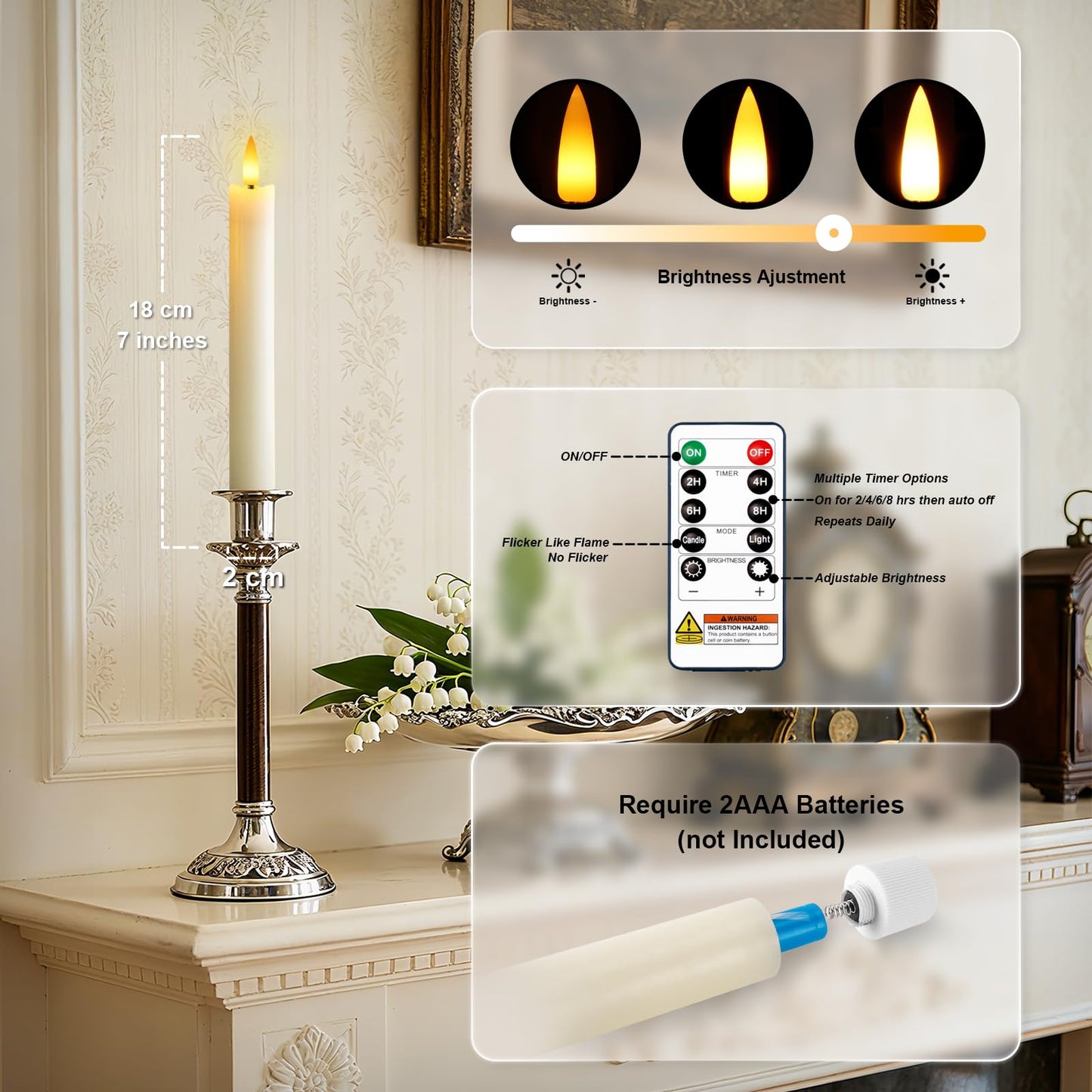 Meigic 7 Inches Flameless Taper Candles with Remote Timer, Real Wax Ivory Short Led Candlesticks, 3D Wick Light Battery Operated Candlesticks for Christmas Home Wedding Table Decor, 6 Pcs