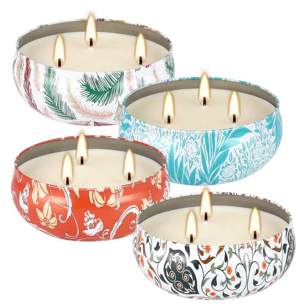 4-Pack Citronella Candle Set in Decorative Tropical Flower Tin Boxes - 3-Wick Functional Decorative Candles for Indoor & Outdoor Use - Perfect for Camping, Travel, BBQ, Picnics, and Mother's Day Gift