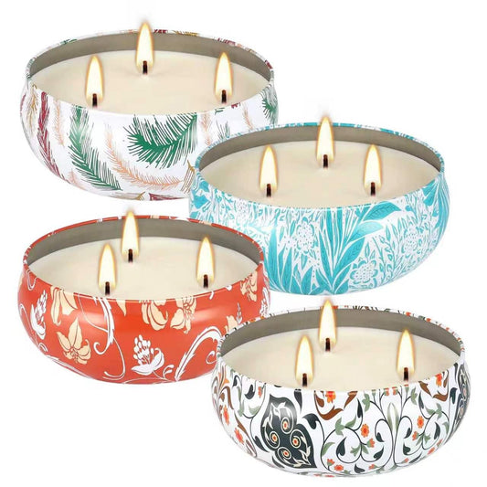 4-Pack Citronella Candle Set in Decorative Tropical Flower Tin Boxes - 3-Wick Functional Decorative Candles for Indoor & Outdoor Use - Perfect for Camping, Travel, BBQ, Picnics, and Mother's Day Gift