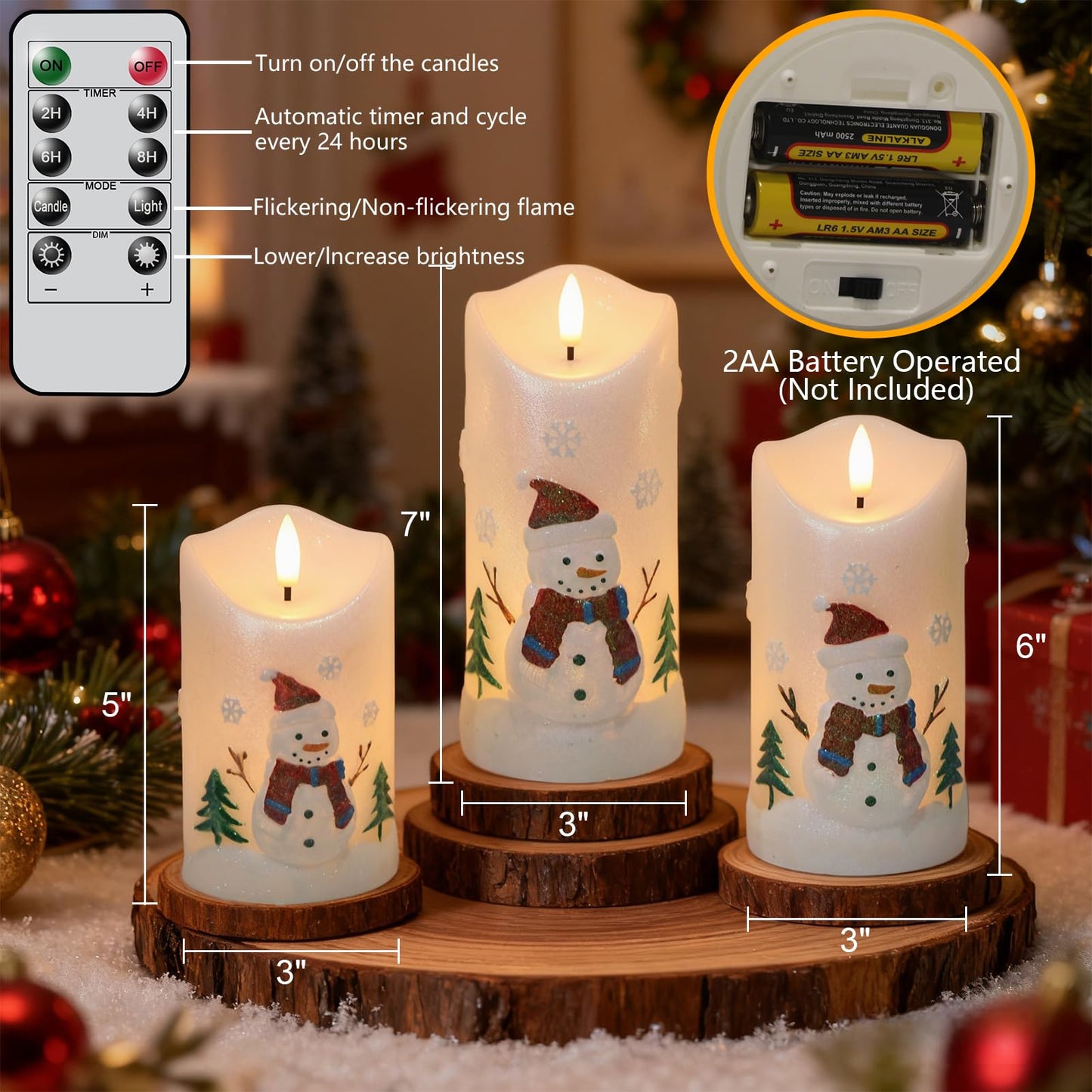 DRomance Snowman Flameless Candles Battery Operated with Remote and Timer Real Wax 3D Wick Flickering LED Pillar Candles Color Painted Carved Snowflake Christmas Holiday Decor(3" D x 5", 6", 7" H)