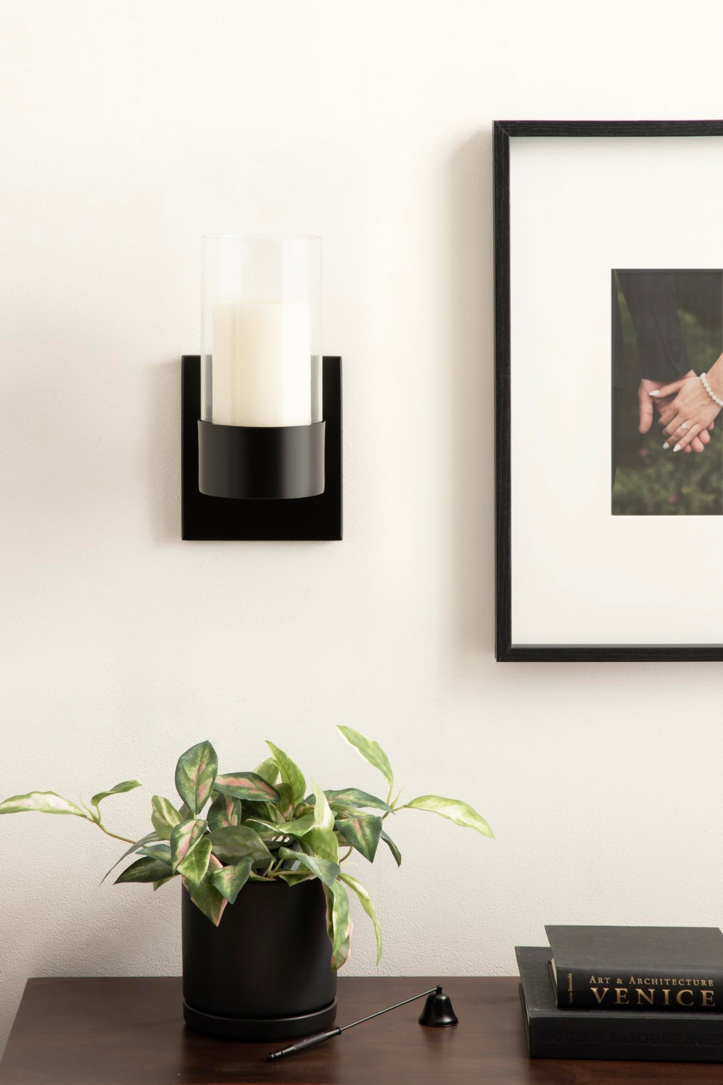 Kate and Laurel Zabler Modern Metal Wall Sconce; 5 x 6 x 10; Black; Round Candle Holder with Removable Glass Cylinder for Flameless Candle Display in Bedroom or Bathroom