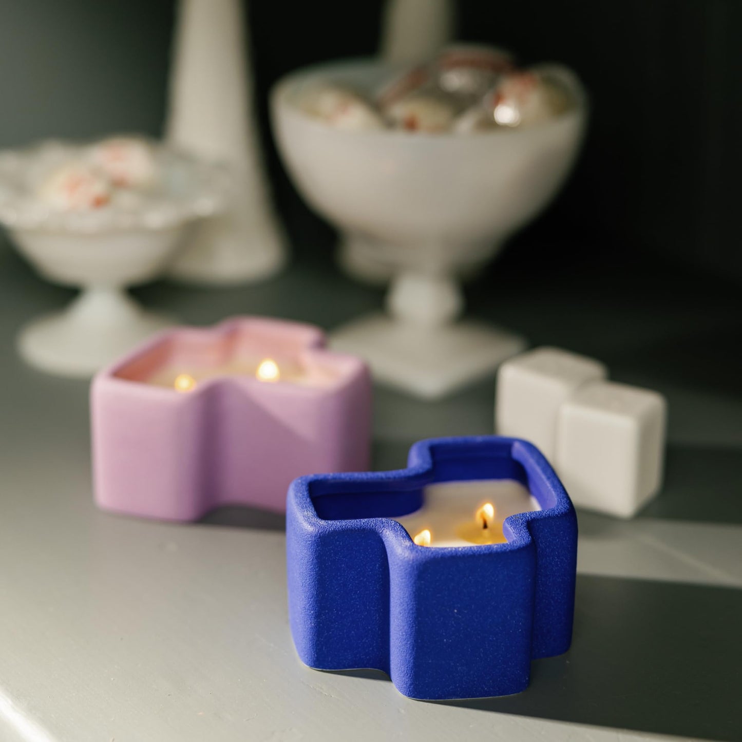 Paddywax Jigsaw Ceramic Candle Set of 2, Soy Wax Candle, Cobalt & Lavender, Wisteria & Ember Resin, 8 oz