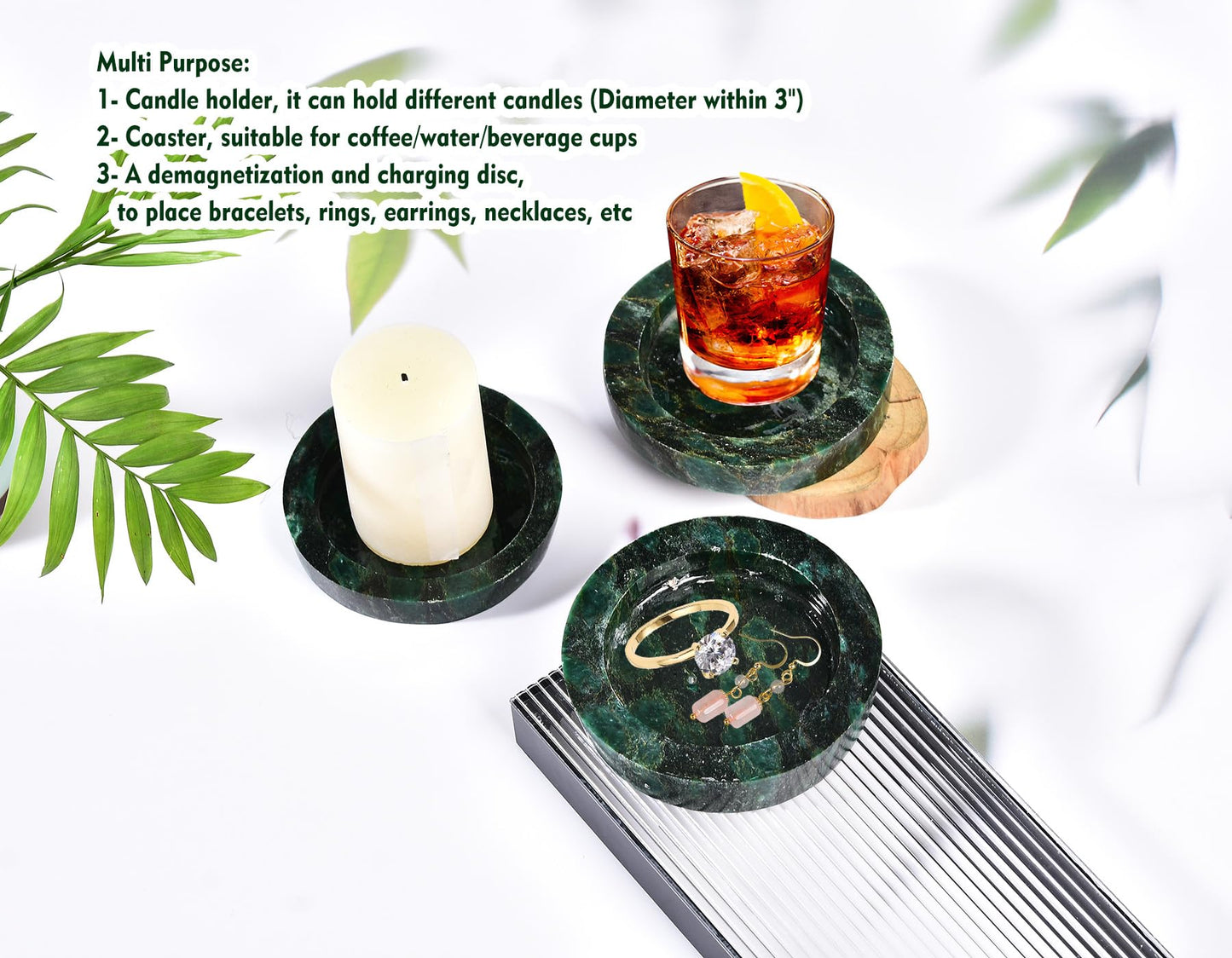 AMOYSTONE Natural Green Candle Holder 4" Round Plate for Pillar Candles with Healing Energy, Polished Emerald Stone Coaster & Jewelry Tray for Home Office Desk Decor