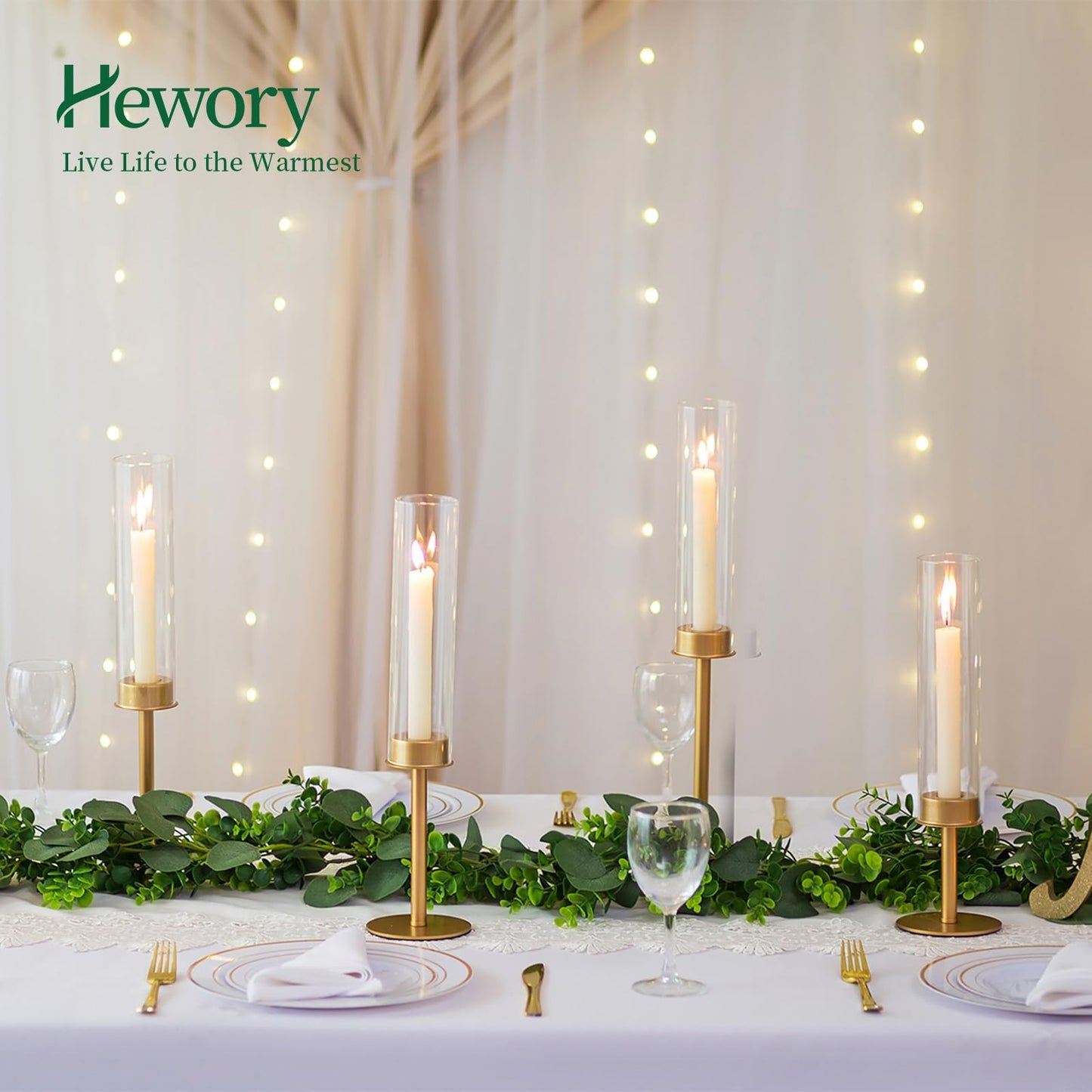Hewory Gold Candle Holders - 6Pcs Brass Hurricane Candlestick Holders with Glass Candle Cover for Wedding Table Centerpiece Christmas Decor
