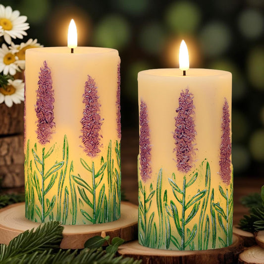 Eldnacele Lavender Flameless Candles with 6 Hour Timer, Battery Operated Hand Painted 3D Wick Flickering Real Wax LED Pillar Candles for Spring Dinner Christmas Holiday Decor((2Pcs, D3×H6.5)