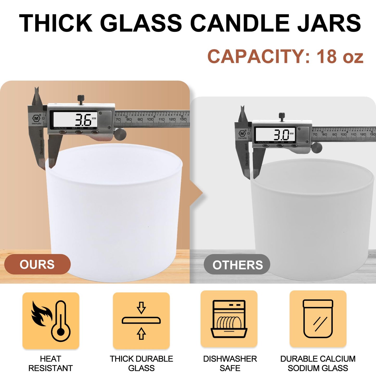 SHOWIN 18 OZ Thick Candle Jars for Making Candles 6 Pcs, Empty Jars with Wood Lids for Candle Making, Sample Container,Matte White