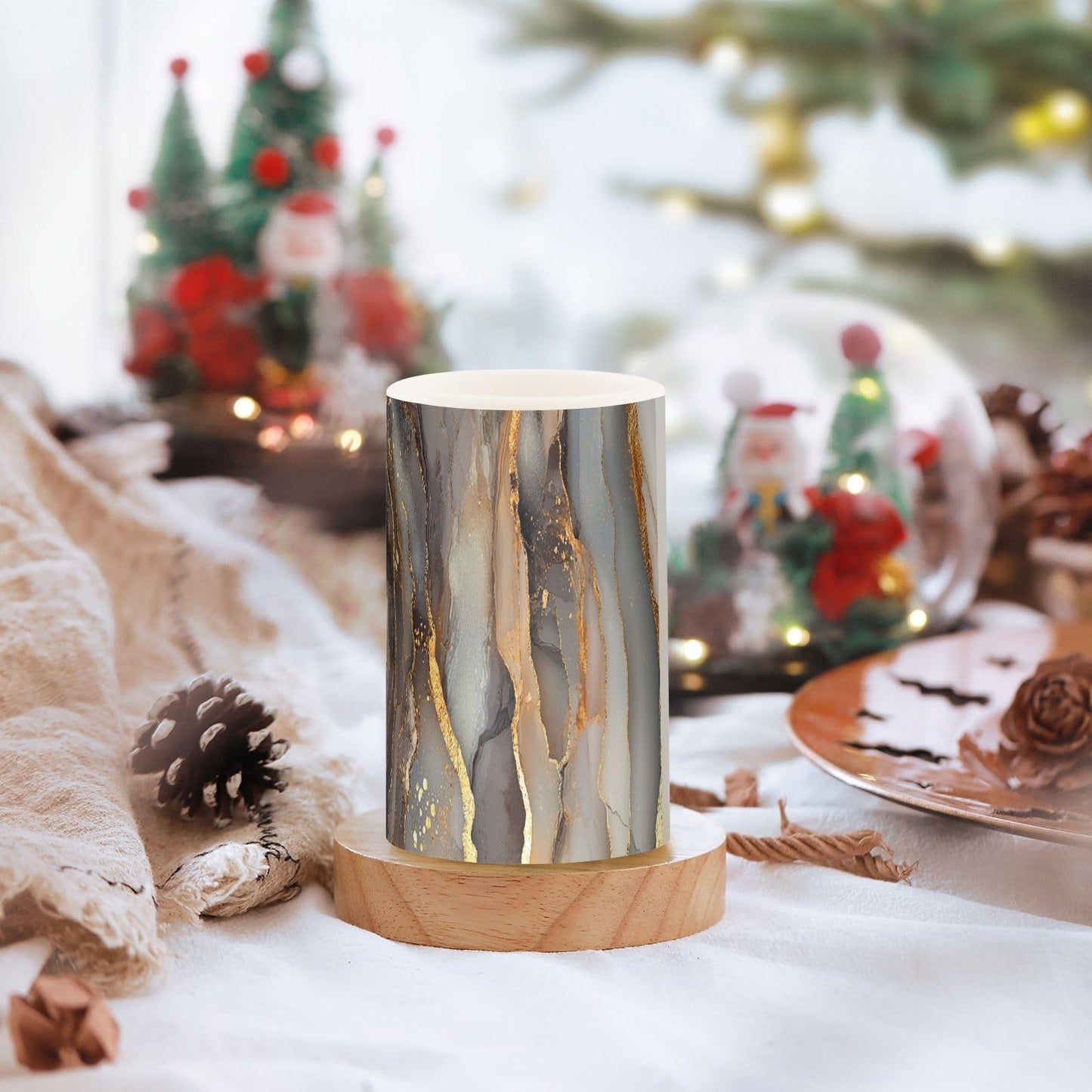 Flameless Pillar Candles Battery Powered Flameless Candle Lantern for Christmas Marble Brown Gray