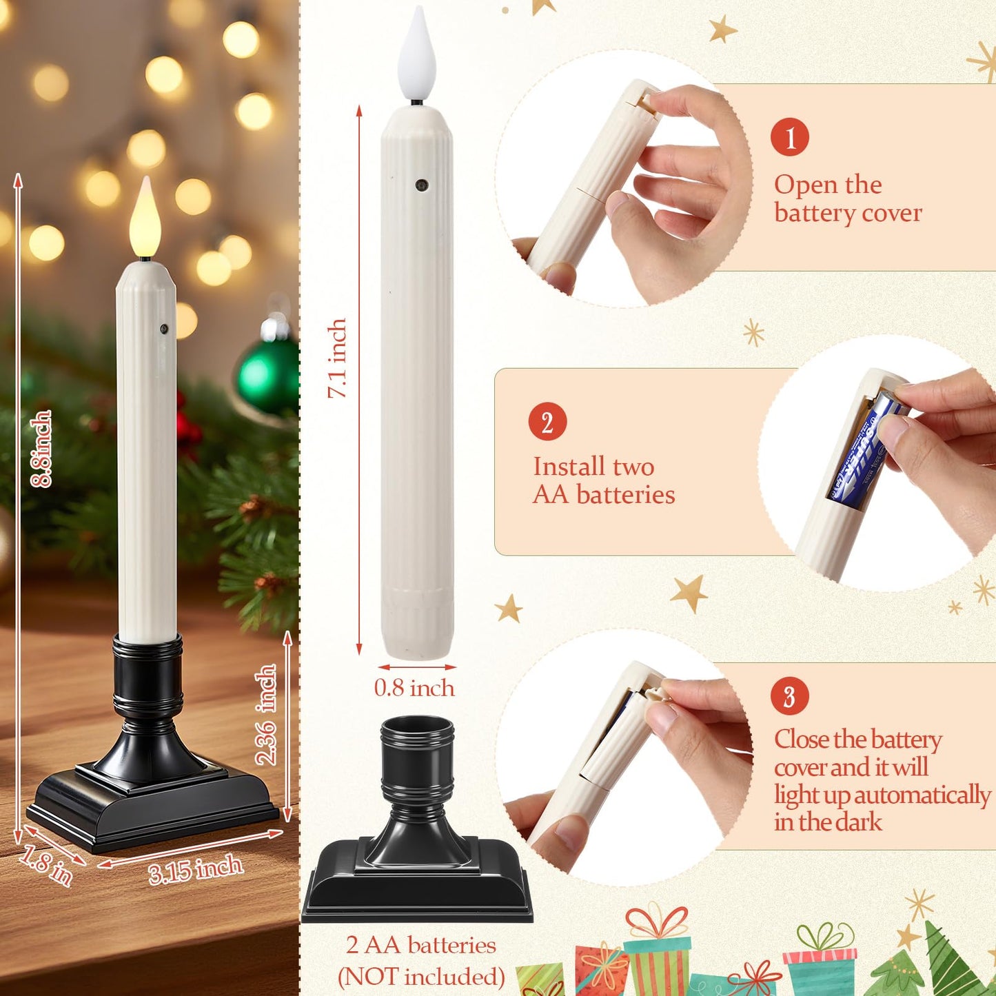 Yungyan 12 Set 8.8 Inch Christmas Window Candles with Sensor Dusk to Dawn Bulk Battery Operated Window Lights with Suction Cups and Holders Flameless LED Taper Candles for Xmas Home Decor(Roman Style)
