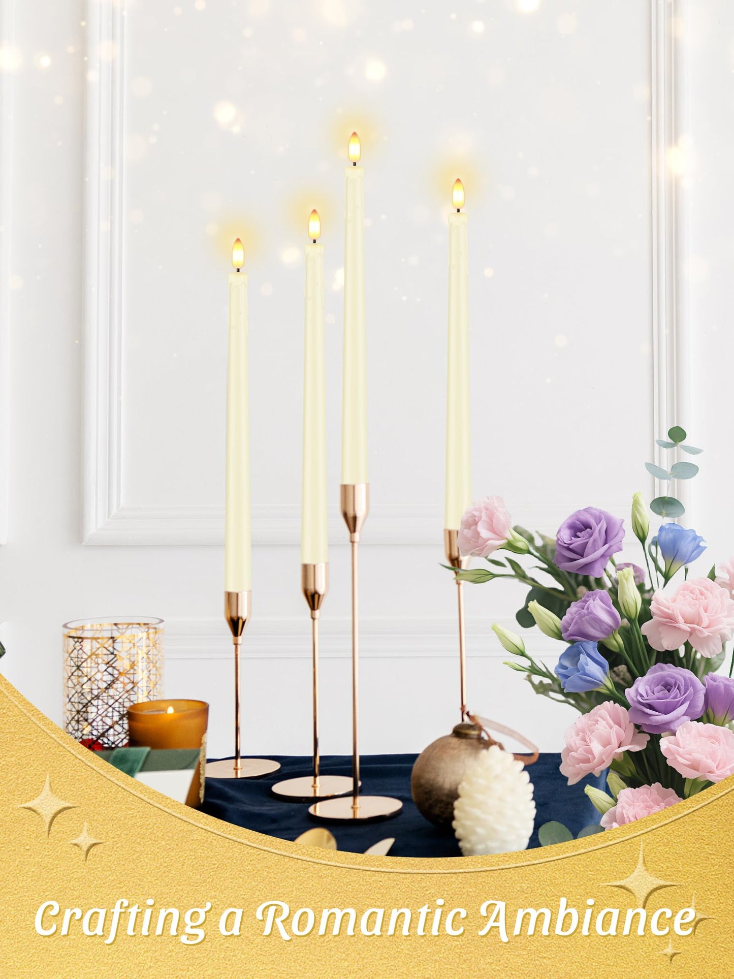 Warmhere 12 Pcs Flameless Taper Candles with Remote Timer, 11" Long Battery Operated Taper Candles, Flickering 3D Flame, Plastic Fake LED Candlesticks for Home Wedding Party Holiday Decor, Ivory