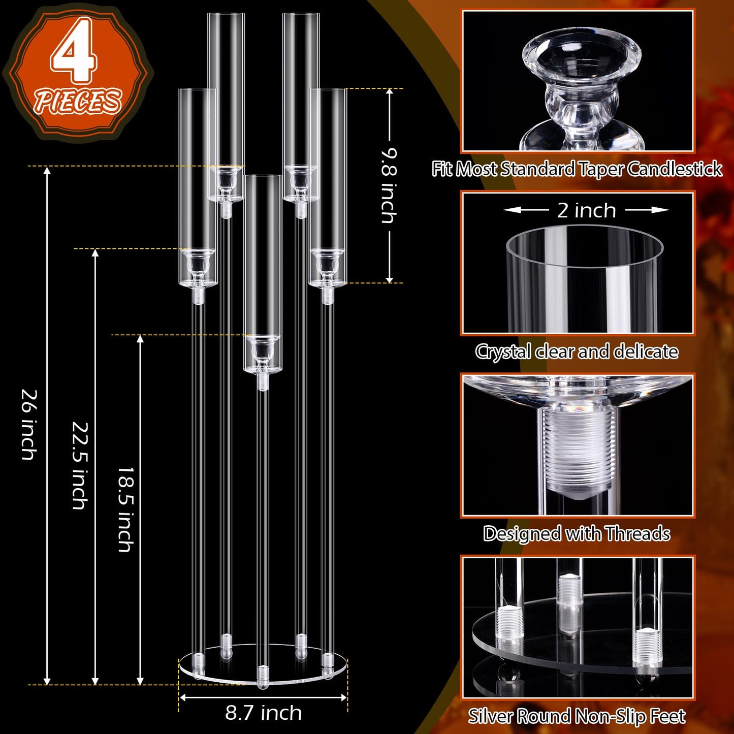 Barydat 4 Pcs Acrylic Candelabra Centerpieces Clear Taper Candle Candlestick Holder Crystal 5 Arm Candlesticks Holder with Acrylic Shade Pillar Fit 0.87" LED Candle for Wedding Dinner Party (Clear)