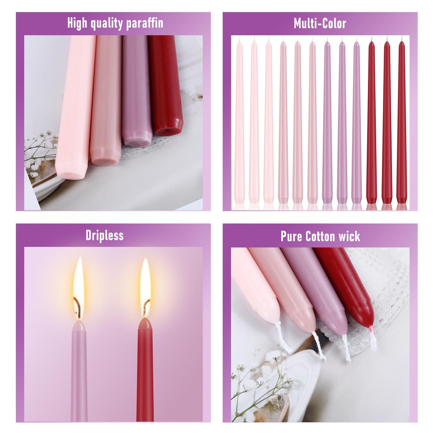 Xvvirnt 12 Pack Taper Candles, 10 inch Pink Gradient Taper Candle, Dripless and Smokeless Long Tall Tapered Candles, Unscented Dinner Candle for Wedding Party Home Decor Candlesticks